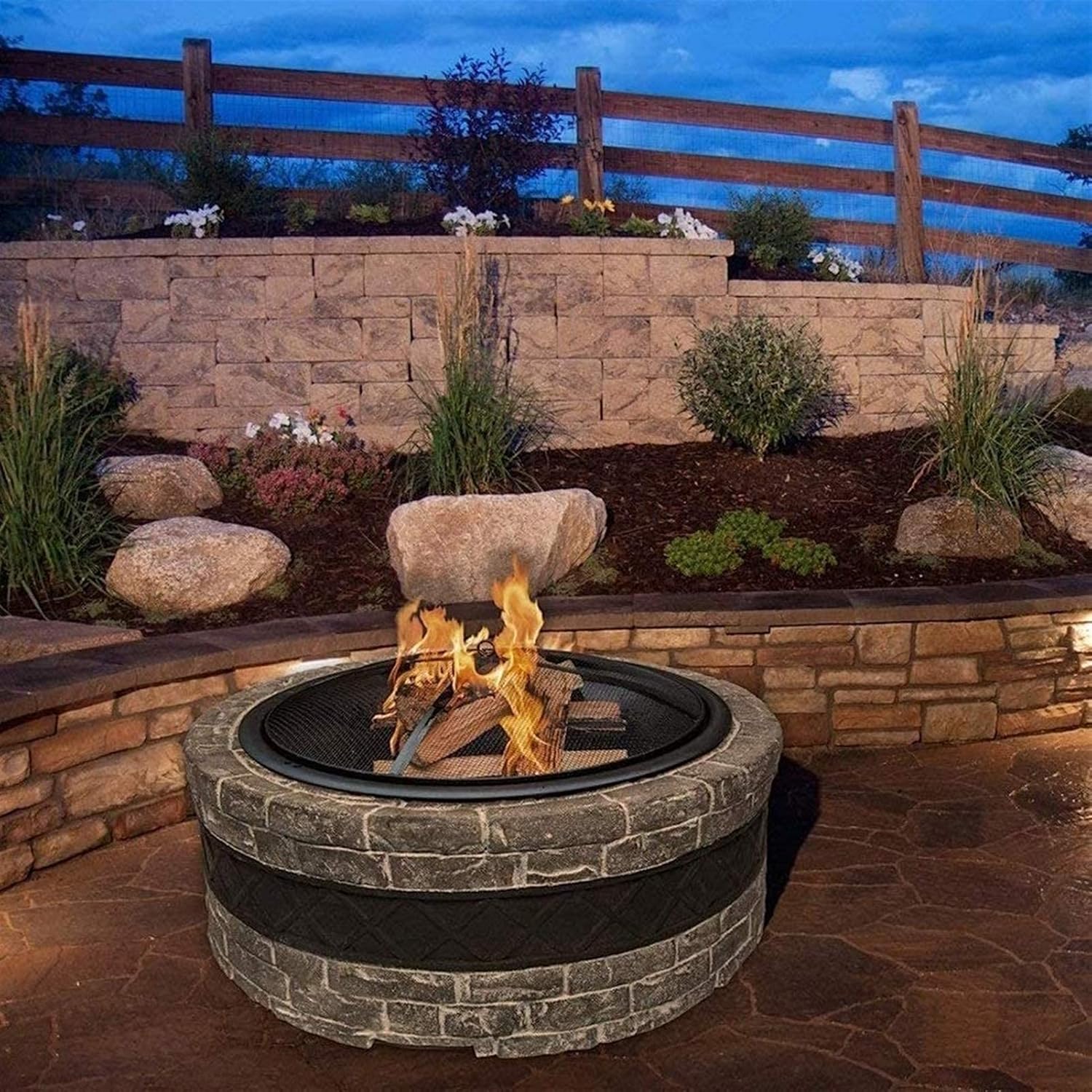 Fire Pit Wood Burning Wood Heating Faux Stone Brazier Patio Fire Pit Outdoor Grill and Spark Screen BBQ Stove Bonfire Stove Roasting Stove Brazier