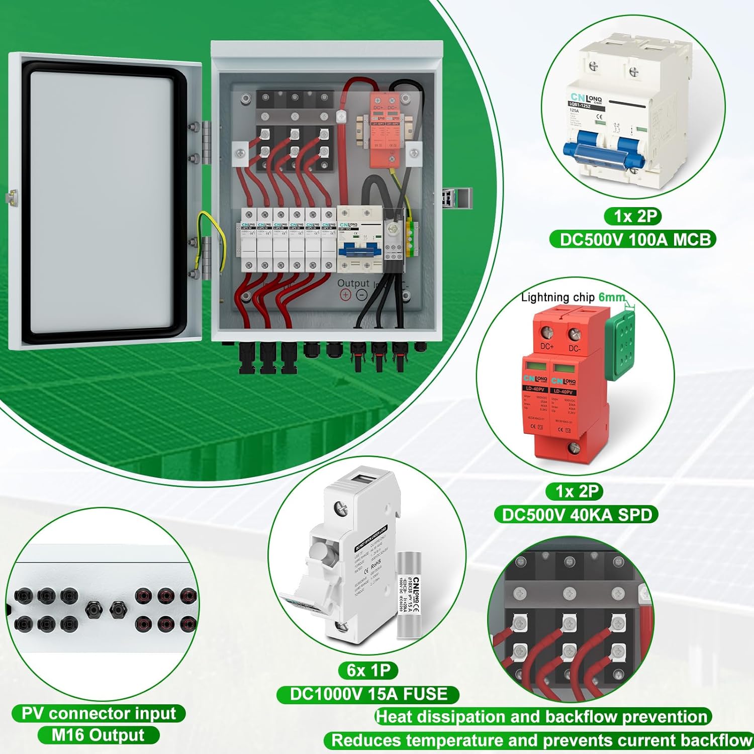 6 Strings Metal Solar PV Combiner Box DC500V 100A Circuit Breaker with Surge Protector, 15A Fuses and Radiator, Outdoor IP66 Waterproof for Solar Panels System