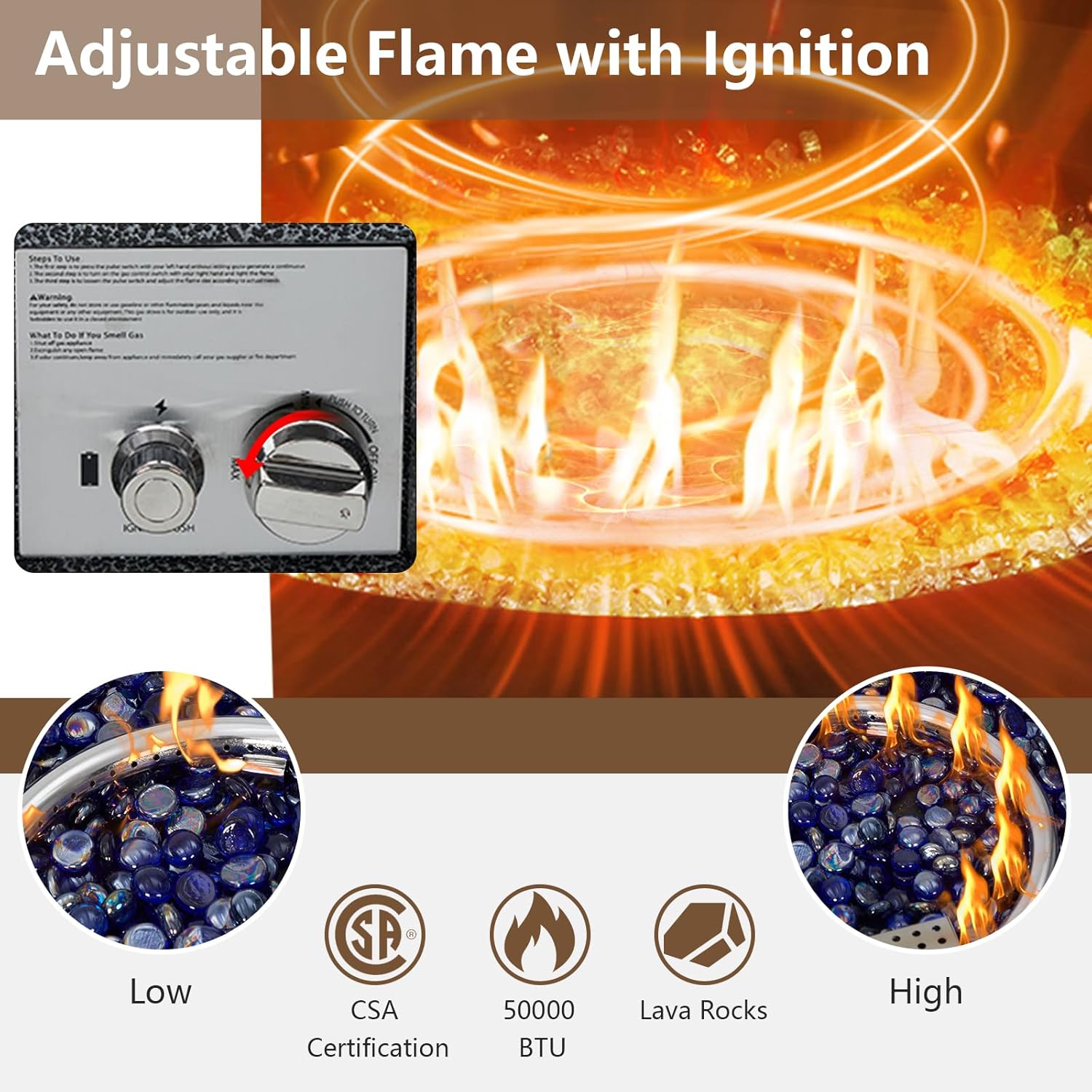 Propane Fire Pit Table 36 in w Tank Table 16 in, Square Steel Gas Firepit Coffee Table 50000 BTU, Outdoor Firepit Table Set w Removable Lid, Transparent Wind Guard, Blue Glass Rocks & Rain Cover