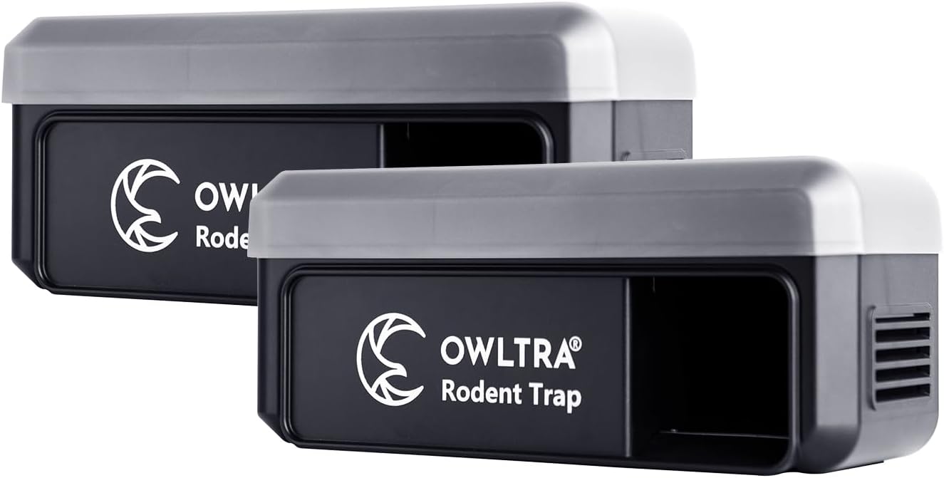 OWLTRA 2 Pack OW-7 in-/Outdoor Electric Rodent Trap, Instant Kill Mouse & Rat Zapper with Waterproof Cover, Sound & Light Alarm, and Batteries or USB Power Source, Waterproof Grade IPX4, Black