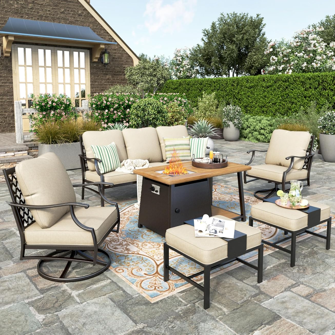 HERA'S HOUSE 6 Pieces Patio Furniture Set with Fire Pit Table, 2 x Swivel Chair, 2 x Ottoman, 3-Seat Sofa with 46