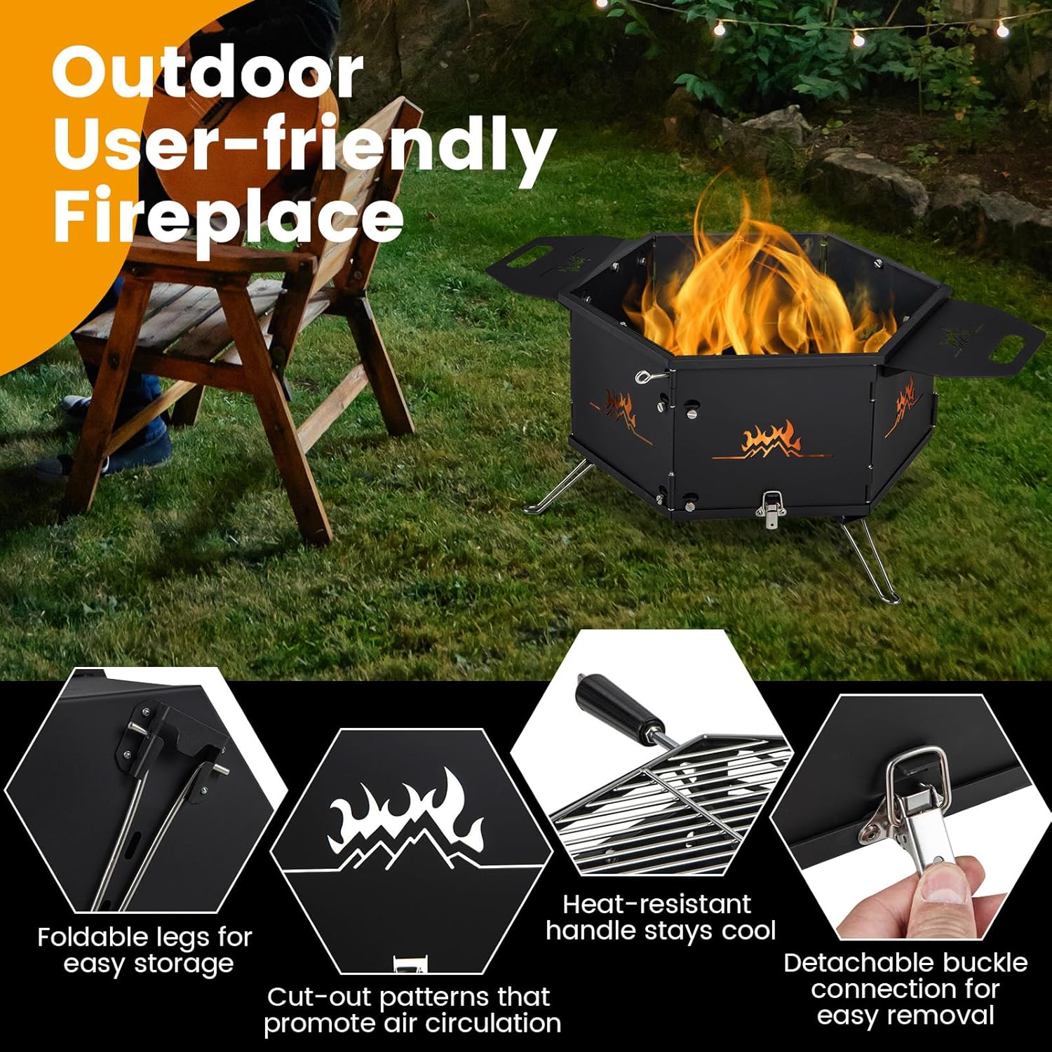 Giantex Fire Pit Grill, Outdoor Fire Pit with Removable 360° Swivel Cooking Grate, Collapsible Fire Bowl, Foldable Legs, Wood Burning BBQ Fireplaces Campfire Grill for Backyard Patio Picnic