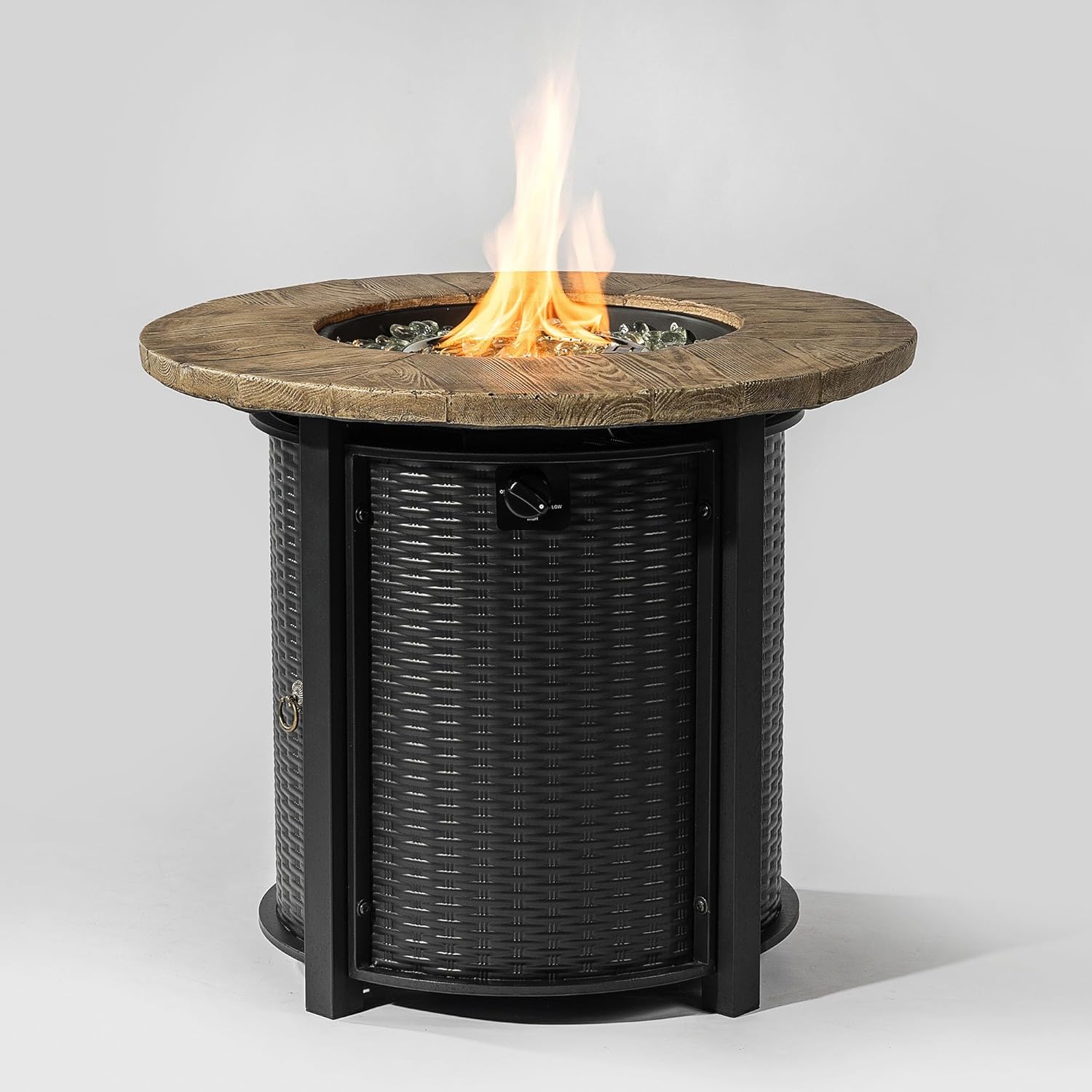 30-Inch Round Fire Pit Table with Textured Wood Grain Finish, Black Steel Propane Heater Delivers 50,000 BTU for Patio and Backyard Featuring Durable All-Weather Construction