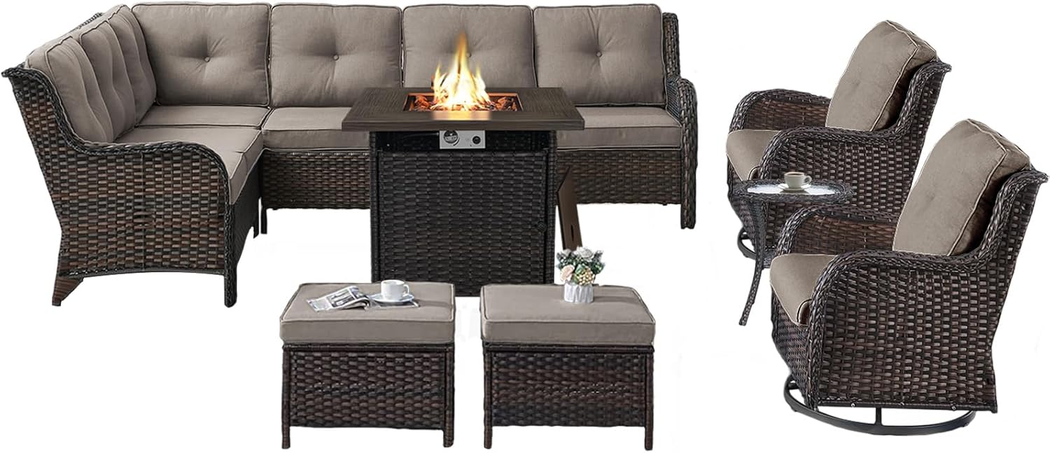 Belord Outdoor Sectional Furniture Sofa Set with Propane Fire Pit Table, Wicker Patio Conversation Set with 2 Swivel Rocker Glider Chairs Grey Cushion Perfect for Backyard Casual Gathering