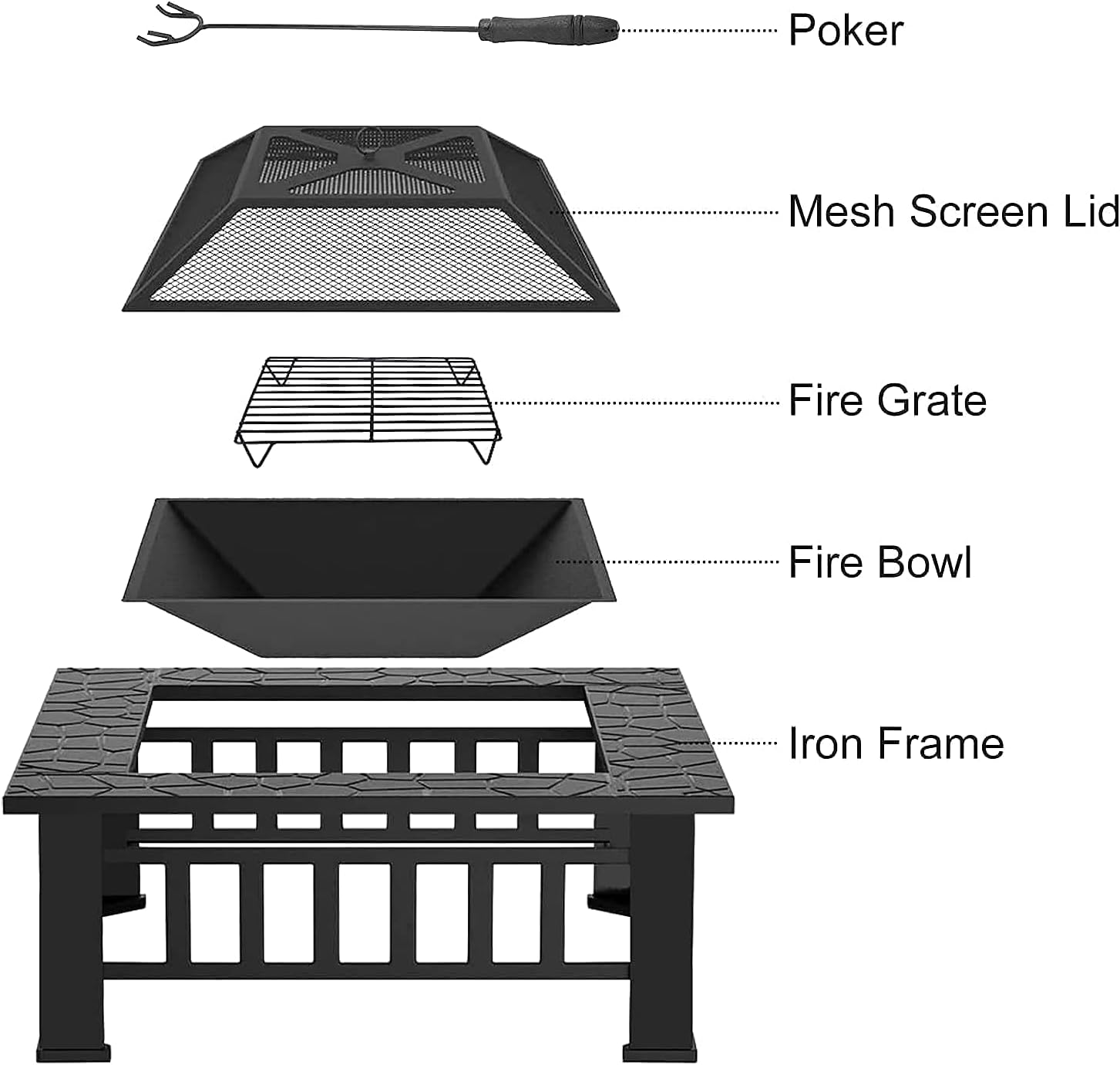 Outdoor Fire Pits BBQ, Backyard Firepit Table, Patio Garden Stove Wood Burning Fireplace, Spark Screen Cover, Poker, Rain Cover