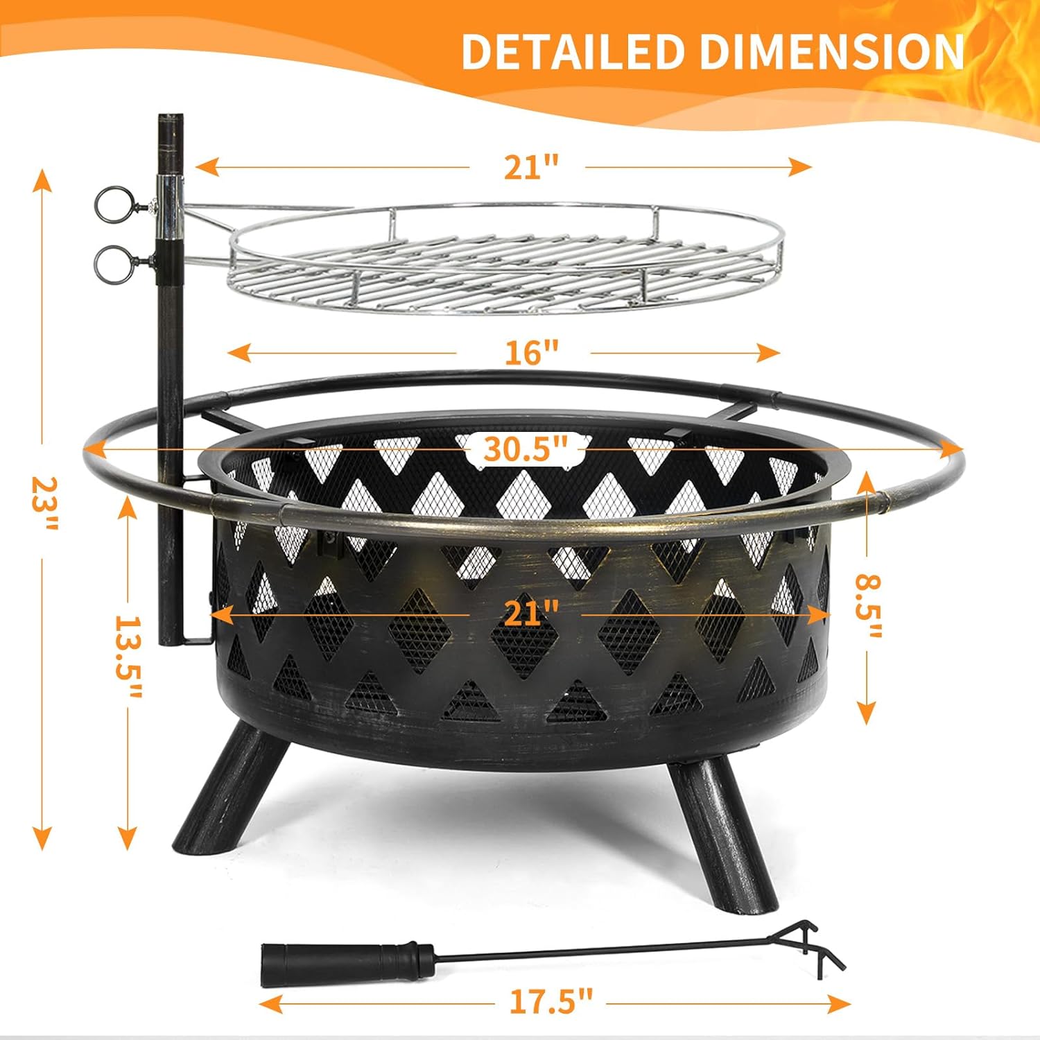 UDPATIO 2 in 1 Fire Pit with Grill for Outside Round 30 Inch Outdoor Wood Burning Firepit Large Steel Firepit with Swivel Cooking Grate Lid Poker, BBQ Grill for Backyard Bonfire Patio