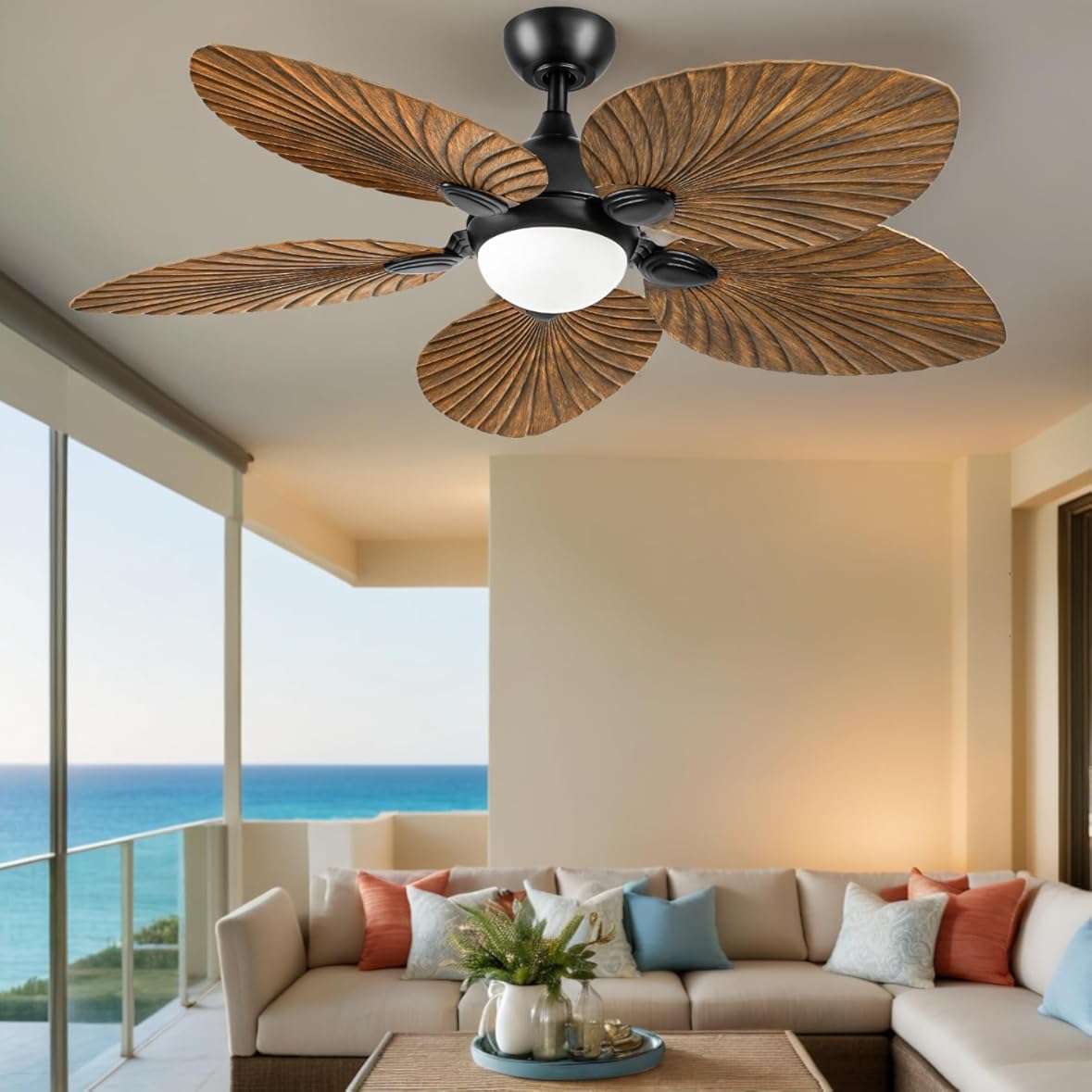 YITAHOME 52 inch Ceiling Fans with Lights, Tropical Ceiling Fans with Lights and Remote, Tri-Color LED, Reversible 6-Speed w/Quiet DC Motor Timing Functions for Living Room, Dining Room, Bedroom