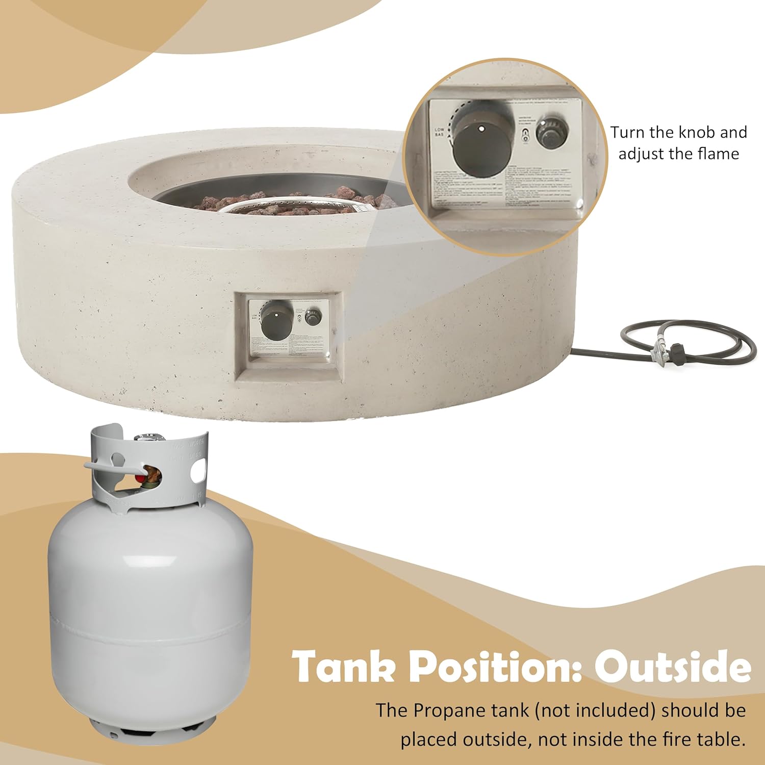 Outdoor 39 Inch Propane Fire Pit Table, 50,000 BTU Concrete Patio Fire Pit with Lava Rocks, Round Gas Fire Table for Party on Patio, Garden, Yard