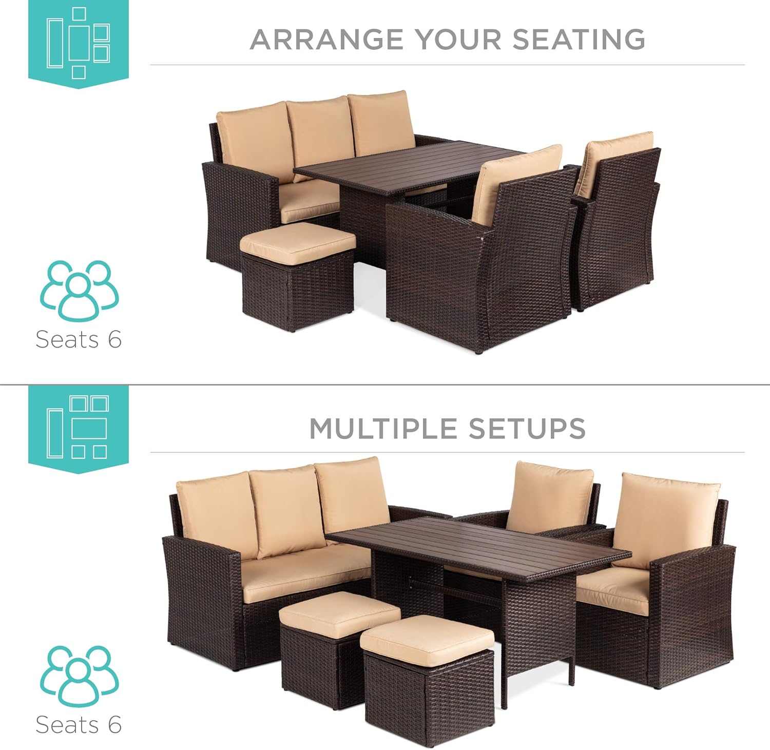 Best Choice Products 7-Seater Conversational Wicker Sofa Dining Table, Outdoor Patio Furniture Set w/Modular 6 Pieces, Cushions, Protective Cover Included - Brown/Beige