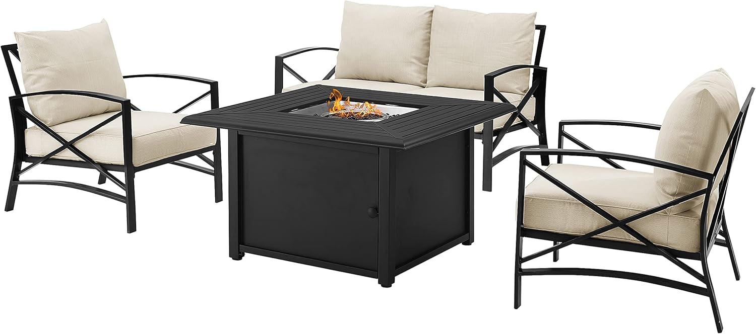 Crosley Furniture Kaplan 4-Piece Outdoor Loveseat Patio Furniture Set with Propane Gas Fire Pit Table, Oiled Bronze with Oatmeal Cushions