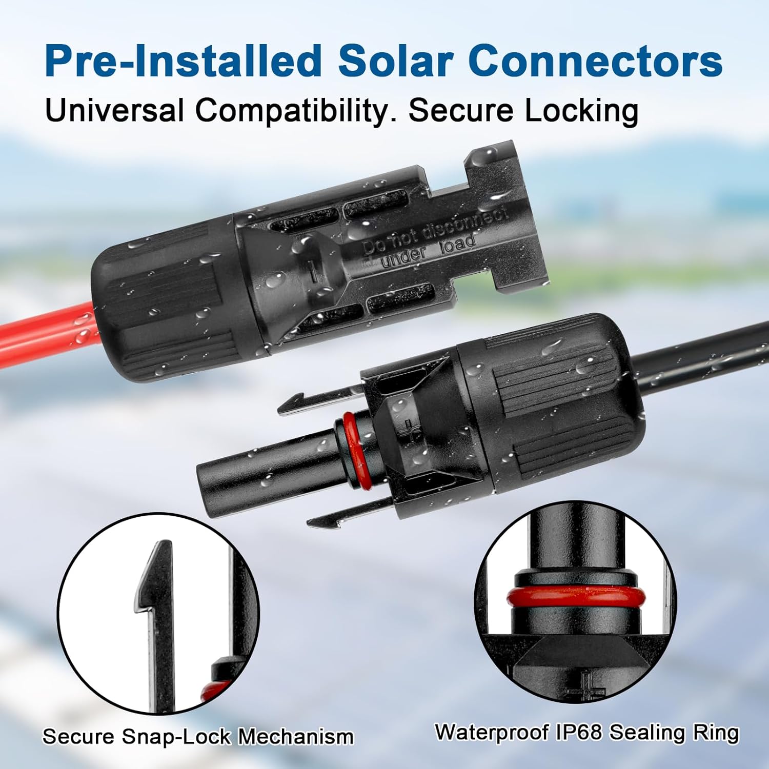 10AWG Solar Extension Cable 50FT – 2 Pack Red & Black PV Wire with Solar Connectors, 84-Strand Tinned Copper, Dual XLPE Insulated, Outdoor UV-Resistant Cable for RV, Inverter, Battery