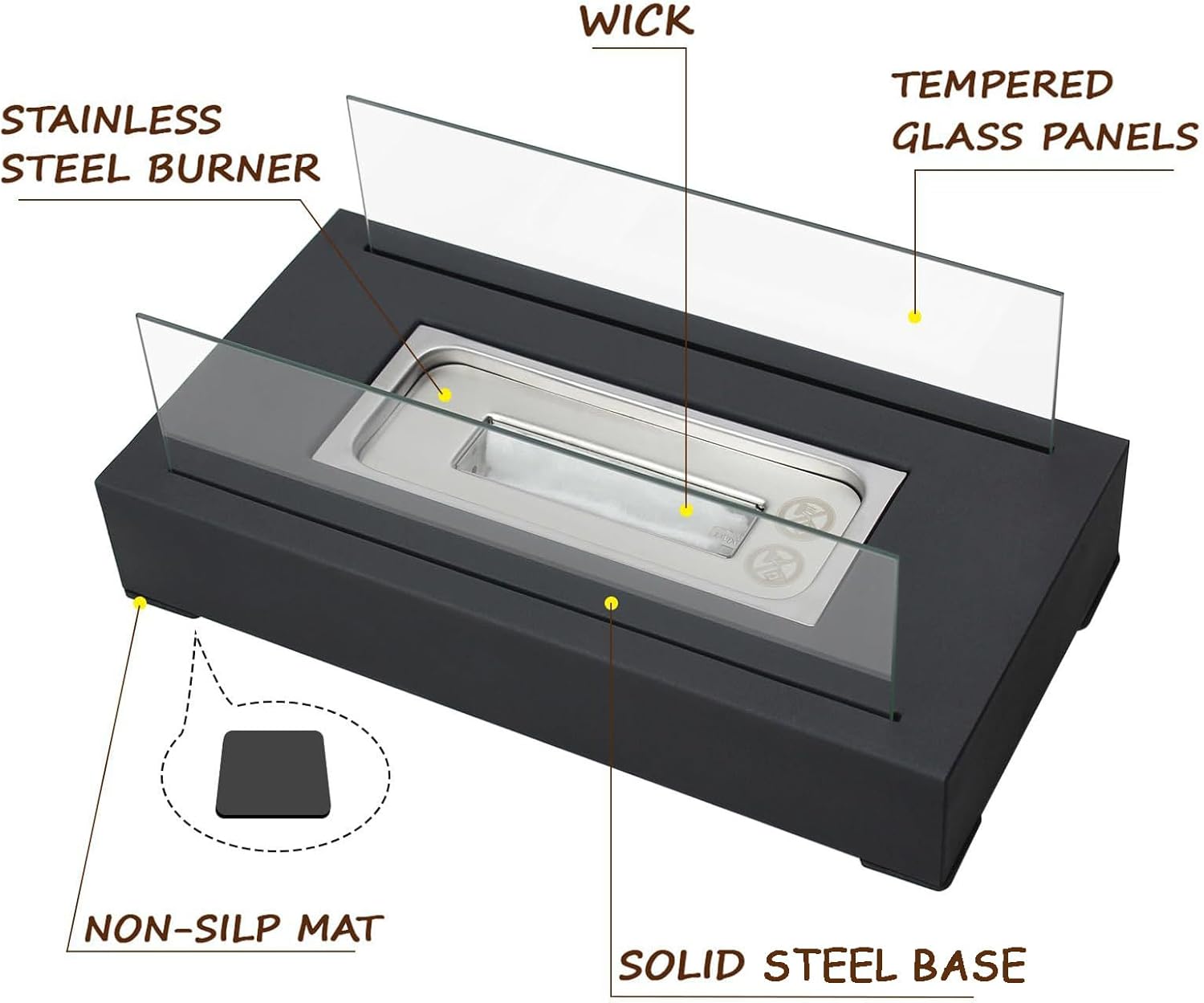 Table Top Fire Pit – Stainless Steel Iron Glass 150ml | Top Propane Fire Pit | Tabletop with Glass Wind Guard for Outdoor Patio Garden Camping and Home Decoration Use