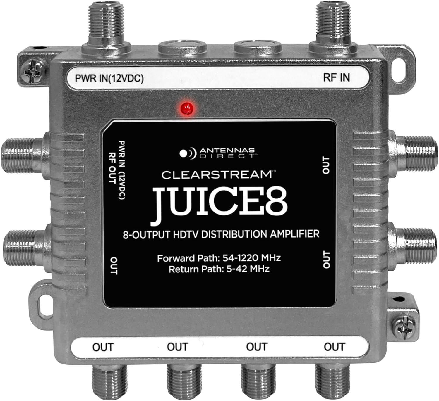 Antennas Direct JUICE8 TV Antenna Distribution Amplifier, 8-Output, Weatherproof, Silver