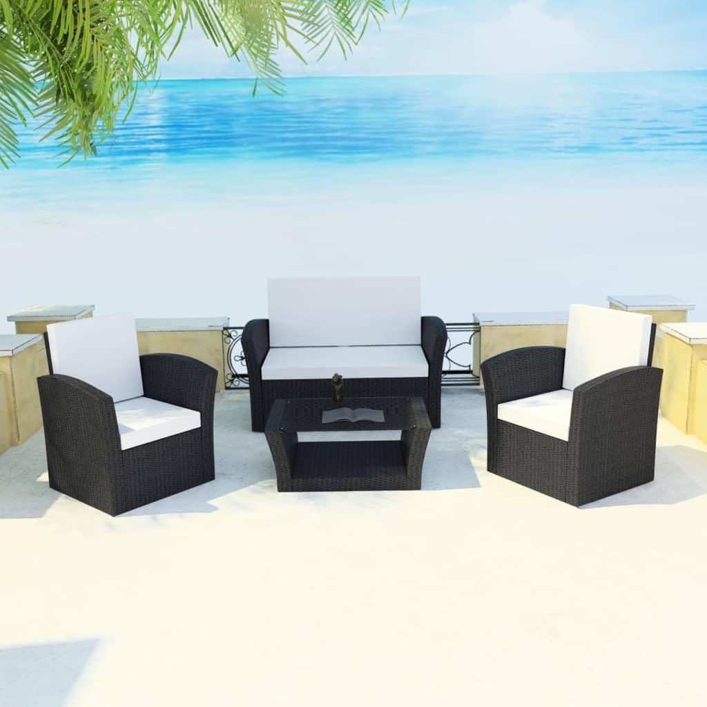 4 Piece Patio Lounge Set with Cushions Poly Rattan Black, Patio Furniture Sets, Outdoor Furniture