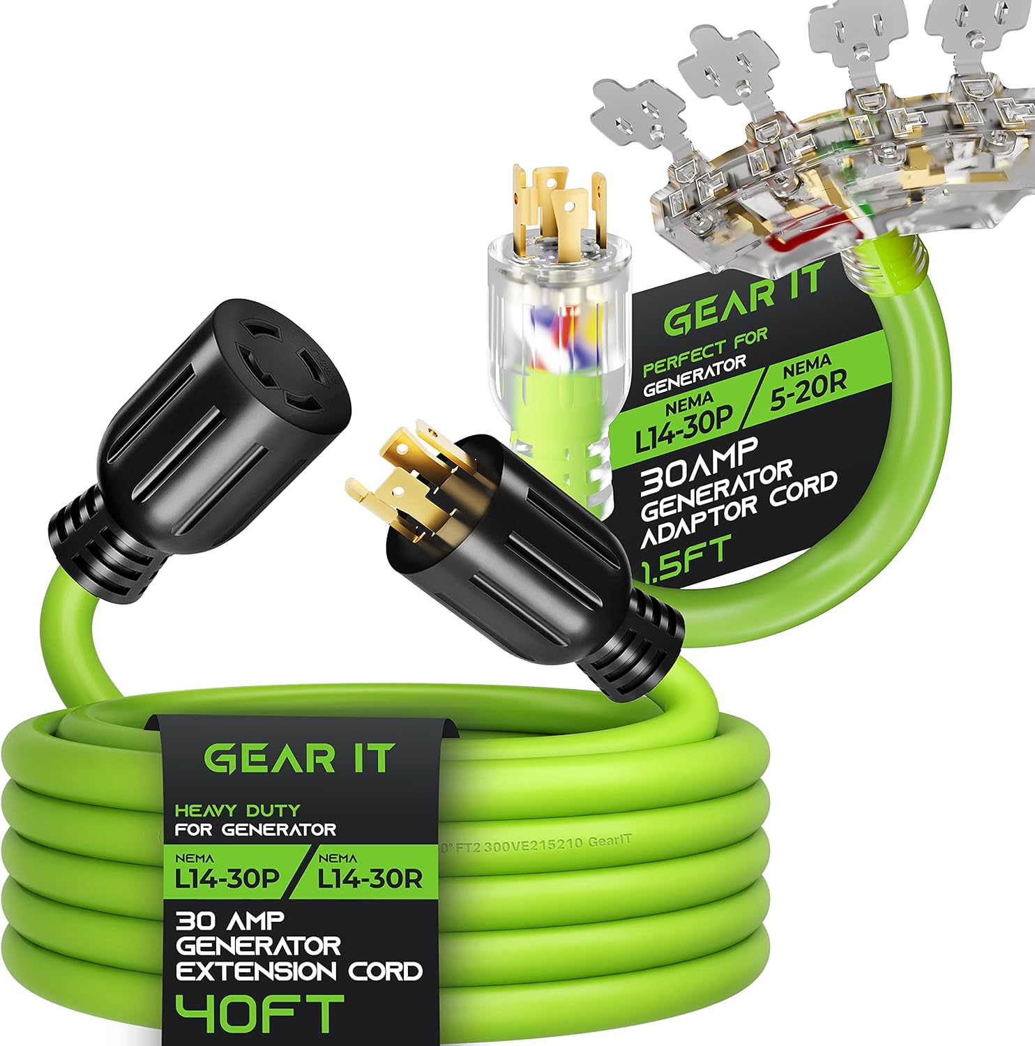 GearIT 30A Generator Cord (40ft) and 30A to 5-20R 4 Outlets with 4 Heavy Duty Twist Lock - 1.5ft