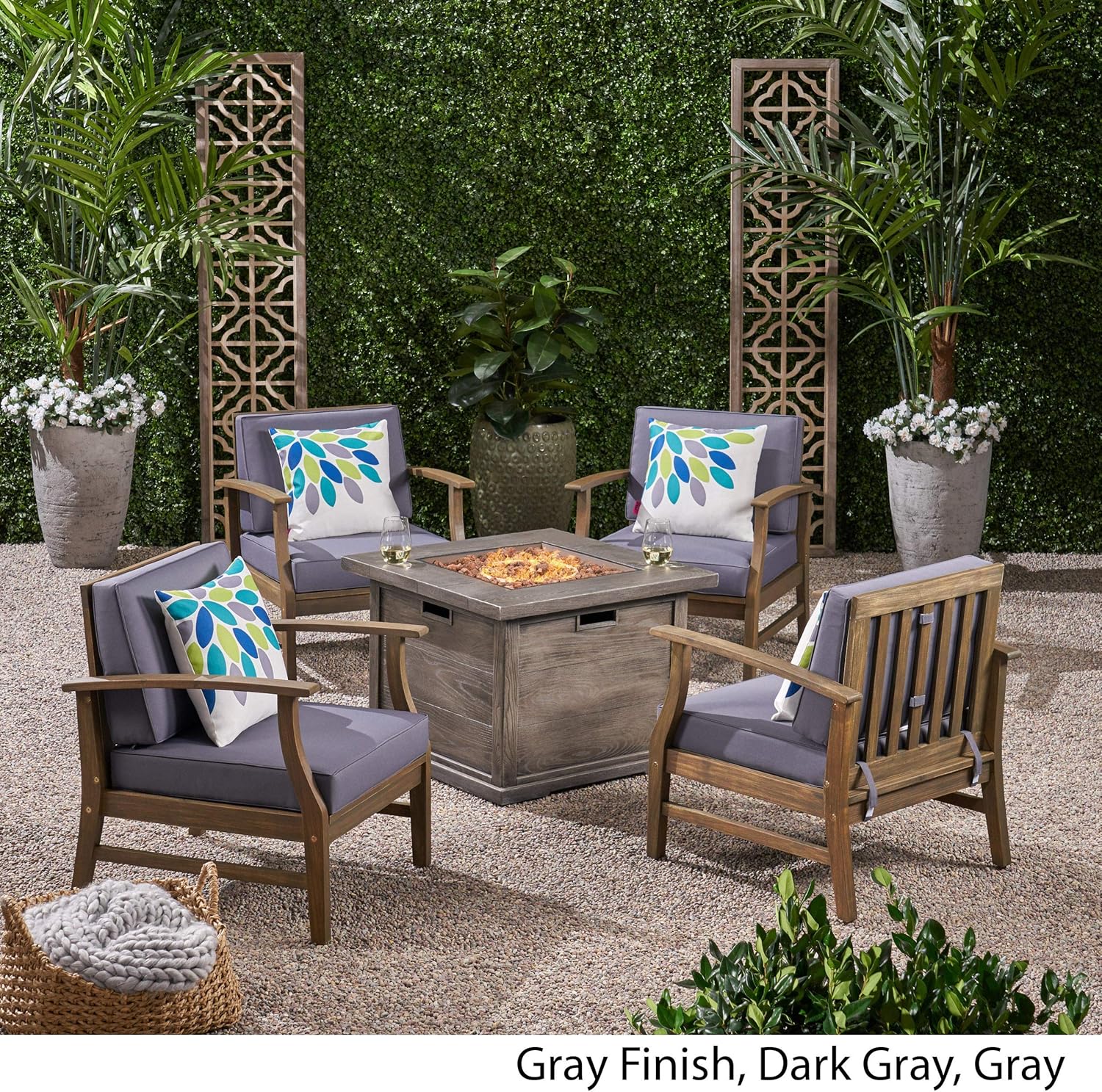 GDFStudio Outdoor 5 Piece Acacia Wood Club Chair and Fire Pit Set, Gray Finish & Gray