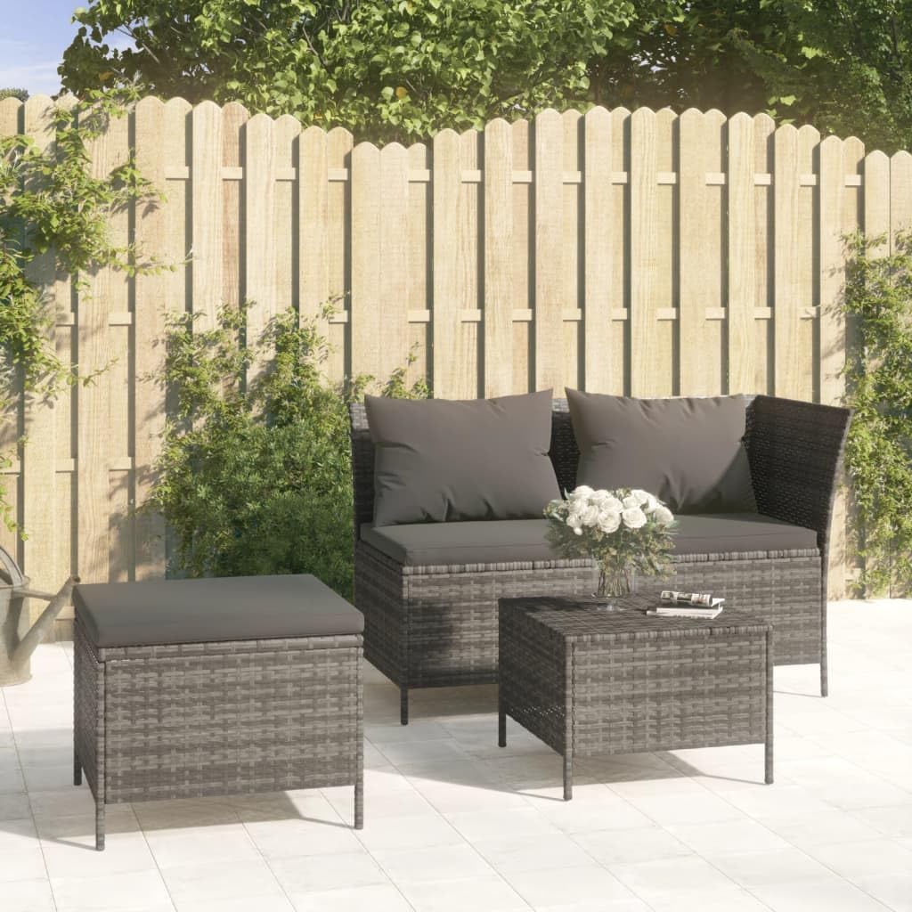 Patio Set 3 Piece Patio Lounge Set with Cushions Gray Poly Rattan