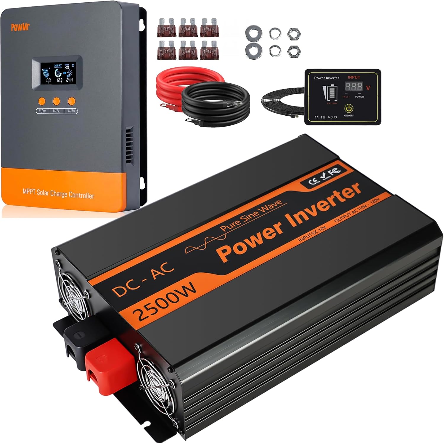 PowMr Pure Sine Wave Inverter 2500W 24V & MPPT 60A Solar Charge Controller