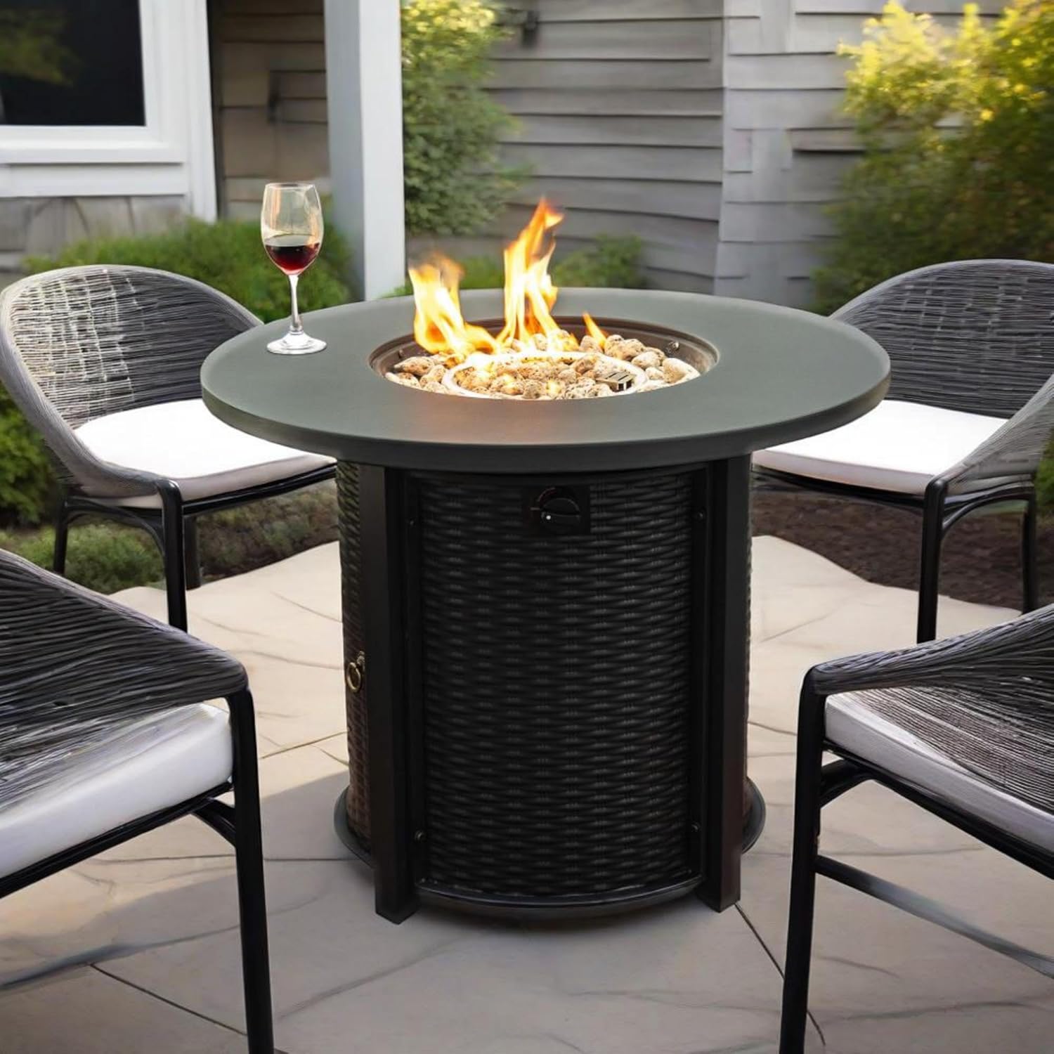 50000BTU 32inch Steel Fire Pit Table Fuel Type Propane with Fixed Glass Wind Guard Not Included Black Finish Rocks Supplied