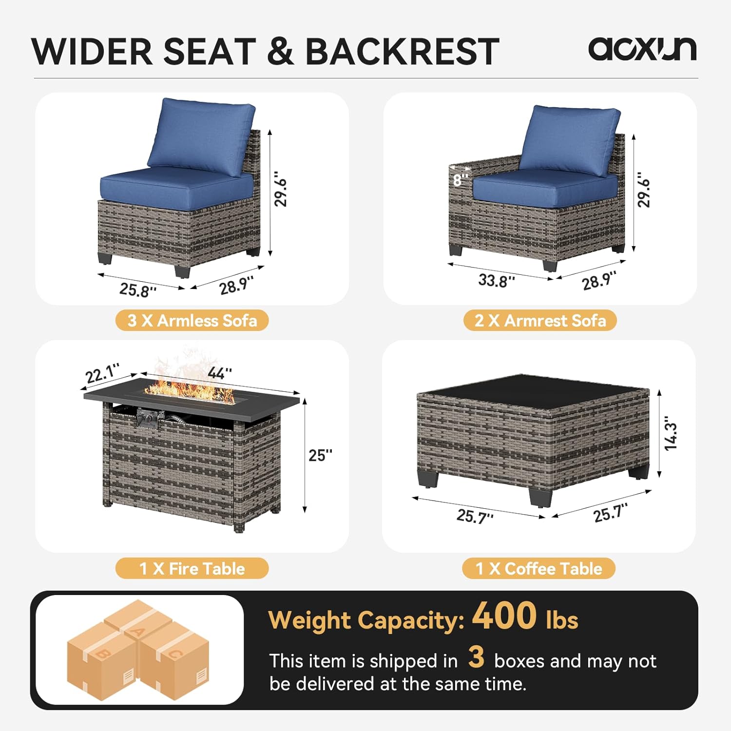 Aoxun Outdoor Patio Furniture Set with 44'' Fire Pit Table, 7 Pcs Outdoor Patio Furniture Sets with 4in Thicken Cushion, Widen Armrests Wicker Outdoor Sectional for Backyard (Waterproof Cover Include)
