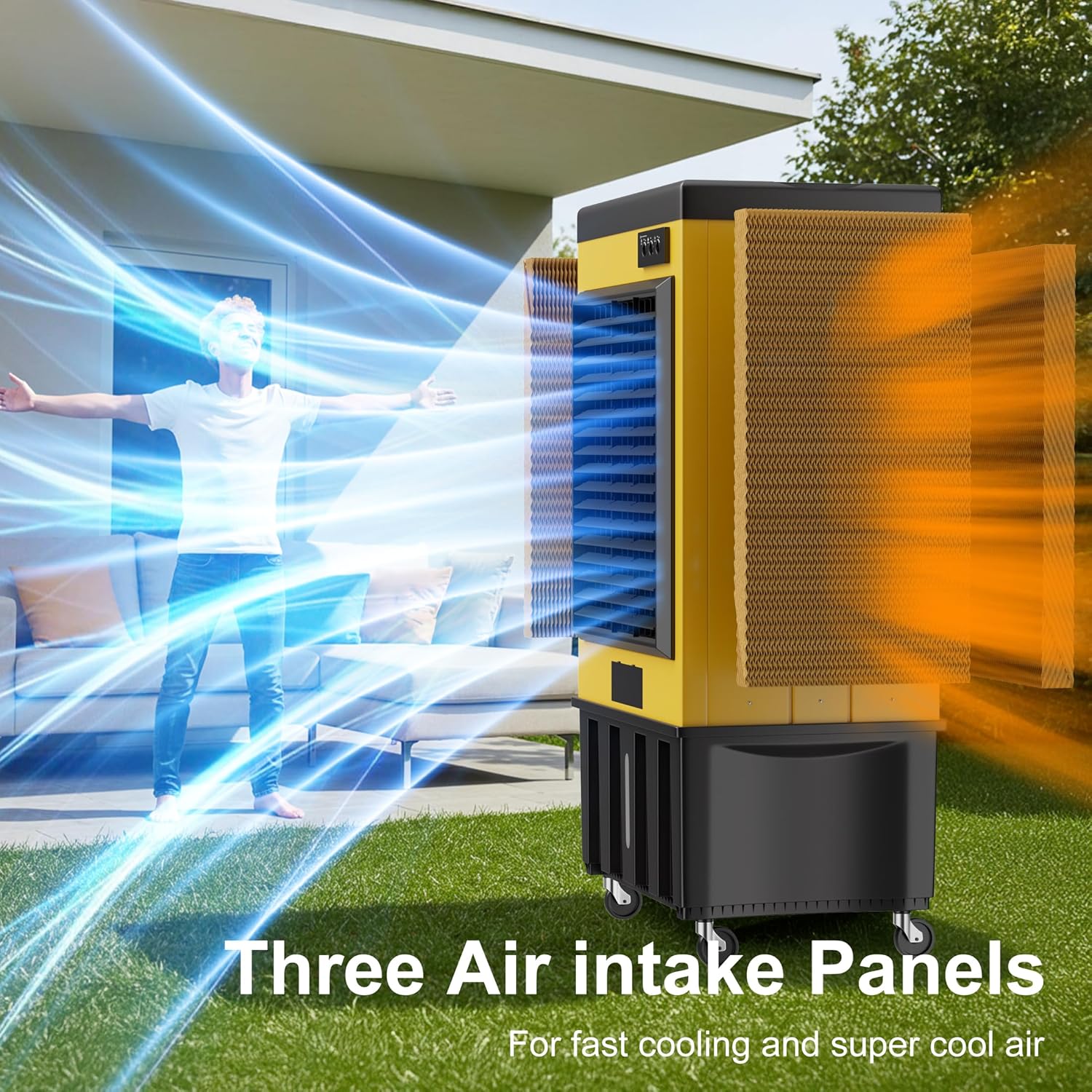 AKIRES 14715CFM Swamp Coolers,Evaporative Air Cooler for 2800Sq.ft of Space,with Continuous Auto Fill,53-Gal Water Tank,120°Oscillation,5 Ice Packs,Cooling Fan for Outdoor,Indoor Yellow(71IN)