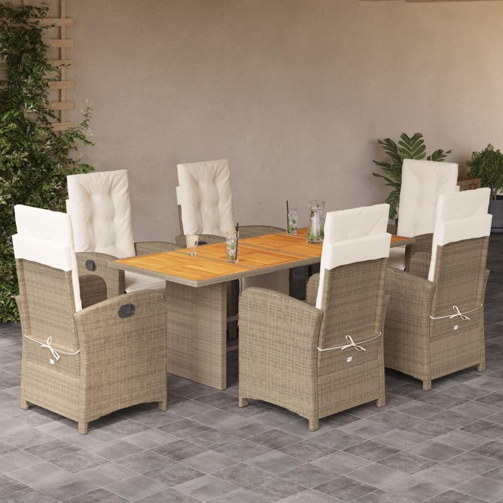7 Piece Patio Dining Set with Cushions Beige Poly Rattan,Adjustable Patio Dining Set with Comfortable Cushions and Acacia Wood Table Furniture Sets for Patio, Lawn & Garden
