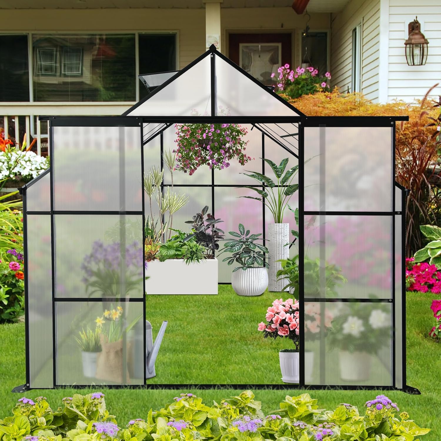 8×6 FT Greenhouse for Outdoors,Double Sliding Door Polycarbonate Raised Plant Base with Adjustable Roof,Backyard Aluminum Heavy Duty Walk-in Green Houses W/ Drainage System,Black