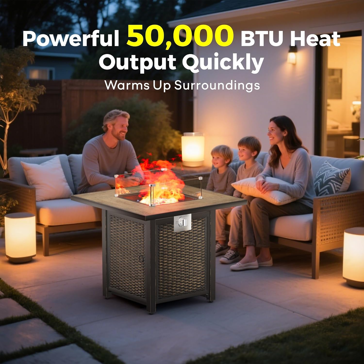 30 Inch Square Outdoor Fire Pit Table with 50,000 BTU Output, Premium Gas Fire Pit Tables for Outside Patio, Propane Fire Pit with Windshield, Glass Stones, Waterproof Cover (Gold Black, 30 inch)