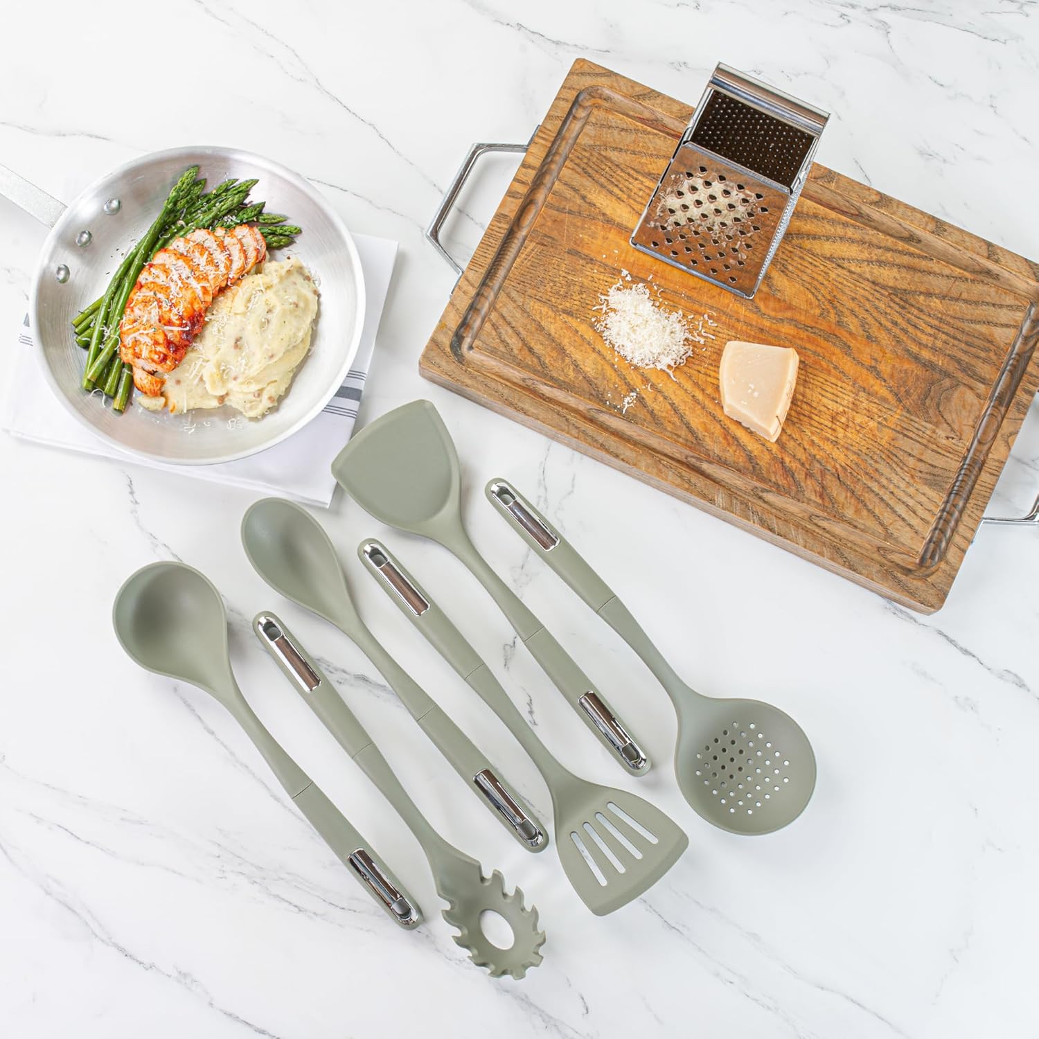 Restaurantware Silicone Utensil Set Pack of 10 Non-Slip Handle 6-Piece Kitchen Tool Set, Heat-Resistant Dishwasher-Friendly Cooking Accessories, Durable Green Cooking Utensils