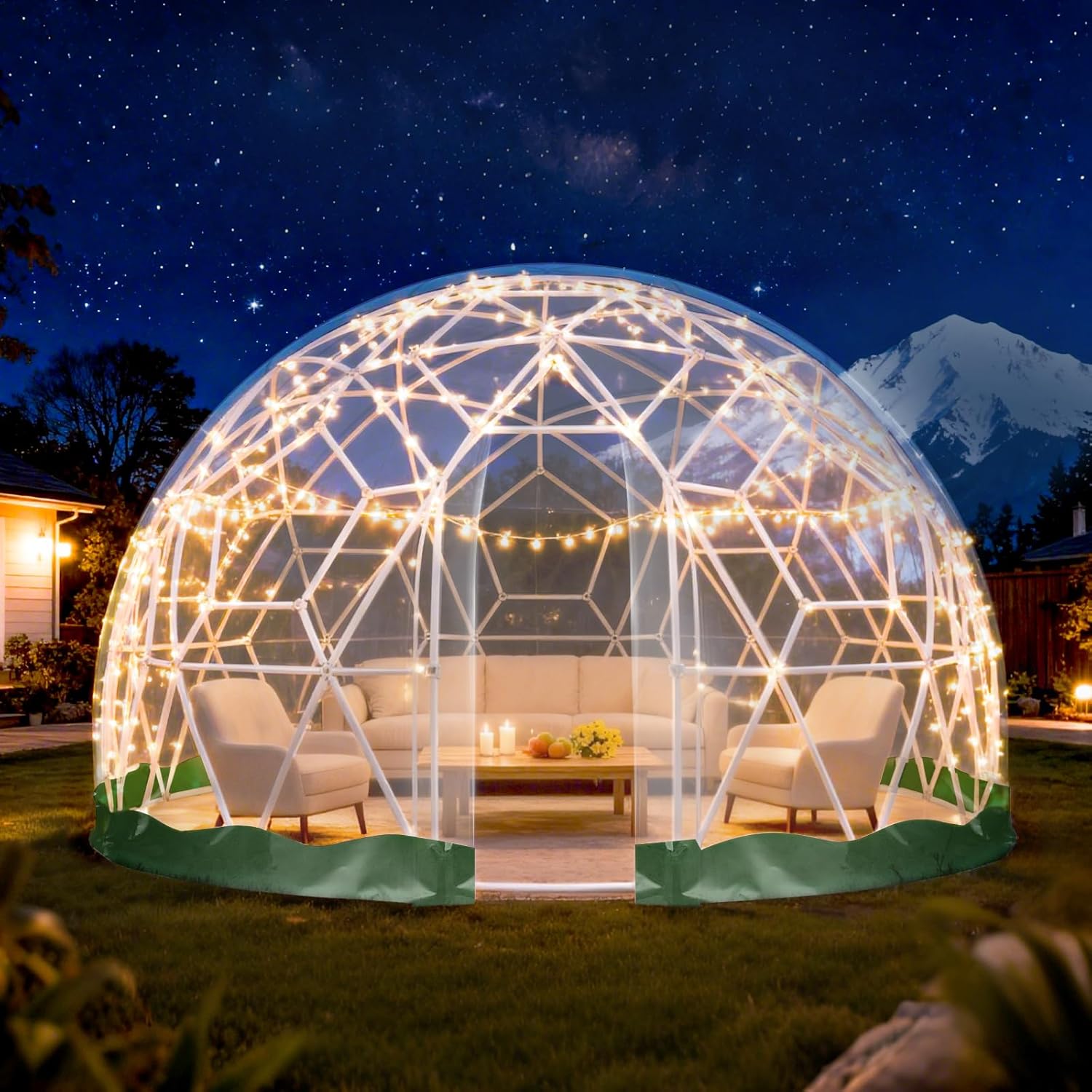 Garden Dome 9.5 * 5.7FT, 360° View Geodesic Dome Greenhouse with PVC Clear Cover, Waterproof Garden Bubble Dome Tent House with 2 x 10M Light Strings for Outdoor, Green