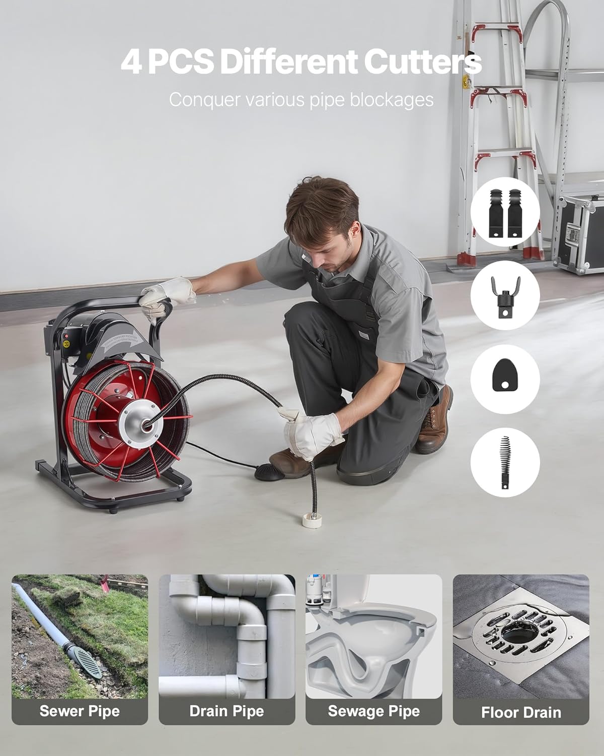 VEVOR Drain Cleaner Machine 50 FT x 1/2 Inch, Sewer Snake Auger Manual Feed with 4 Cutters & Air-activated Foot Switch for 2