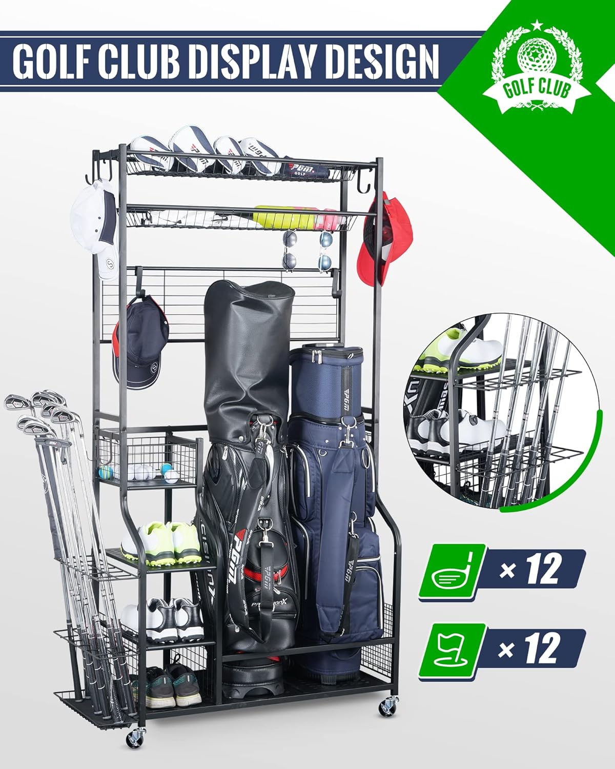 Mythinglogic Golf Bag Storage Garage Organizer,2 Golf Bags Storage Stand and Golfing Equipment Accessories Storage Rack with 4 Removable Hooks, Extra Golf Clubs Display Rack
