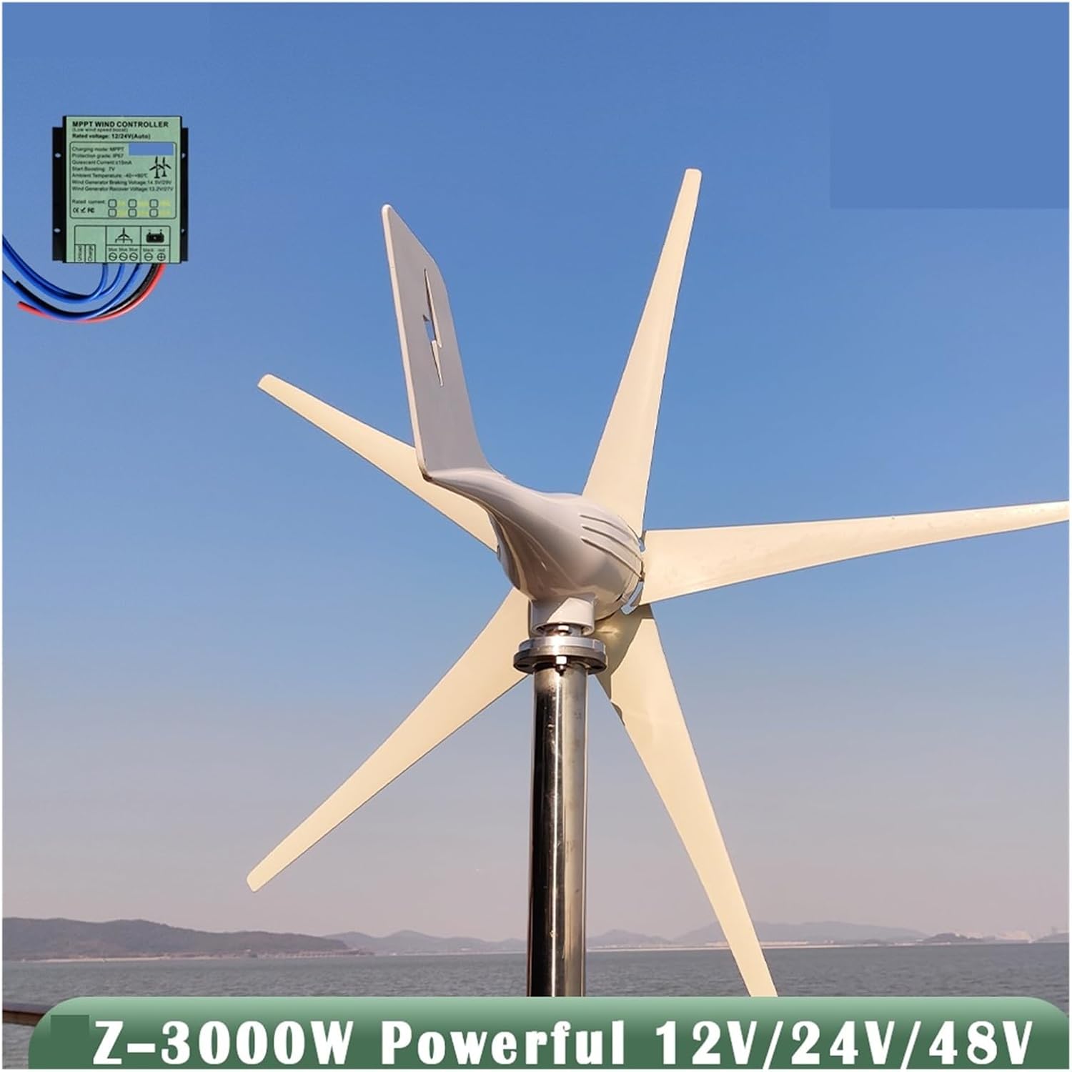 3000W Horizontal Wind Turbine Generator Kit with Controller 12V/24V/48V Low Noise Turbine Hybrid Solar Wind System White Low Starting Speed for Home(Model2,12V_3000W)