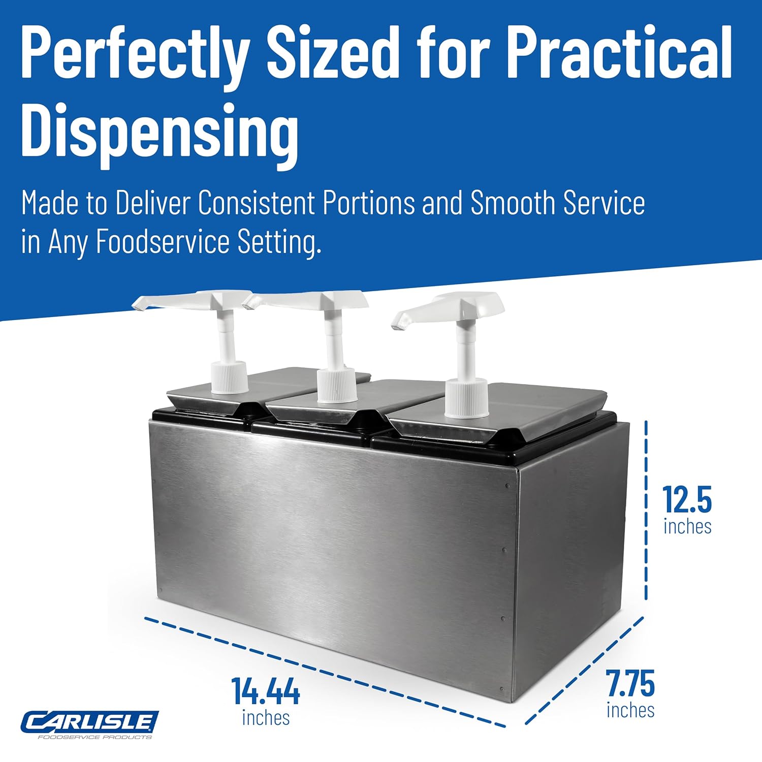 Carlisle FoodService Products Condiment Rail Condiment Center with 3 Standard Pumps for Gas Stations, Restaurants, and Fast Food Stainless Steel, 14.44 X 7.75 X 12.5 Inches, Silver