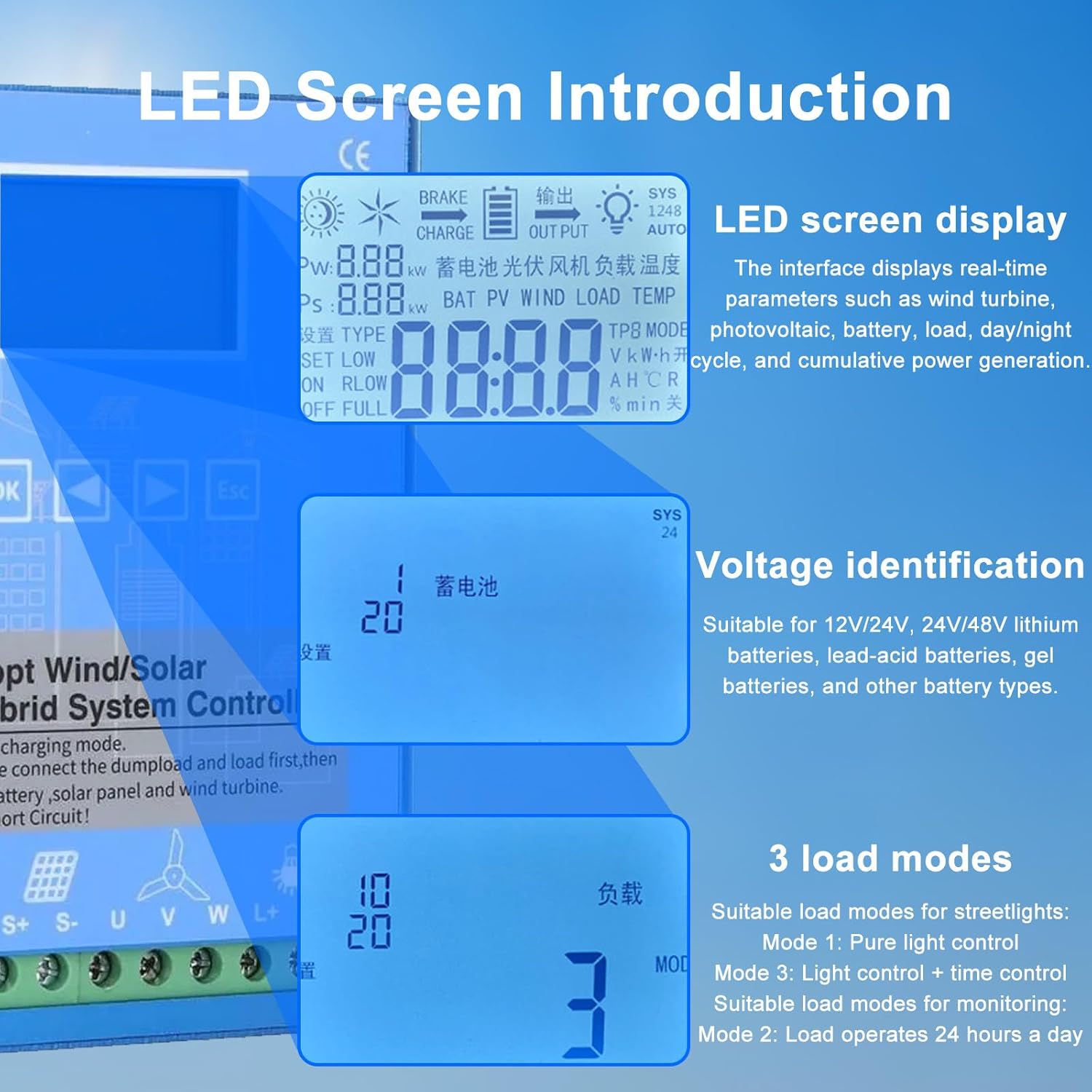 Wind Solar Hybrid Charge Controller, 18000W Wind Solar Charge Controller, 12V/24V 24V/48V Automatic Identification Off Grid Controller Boost MPPT 24V/48V