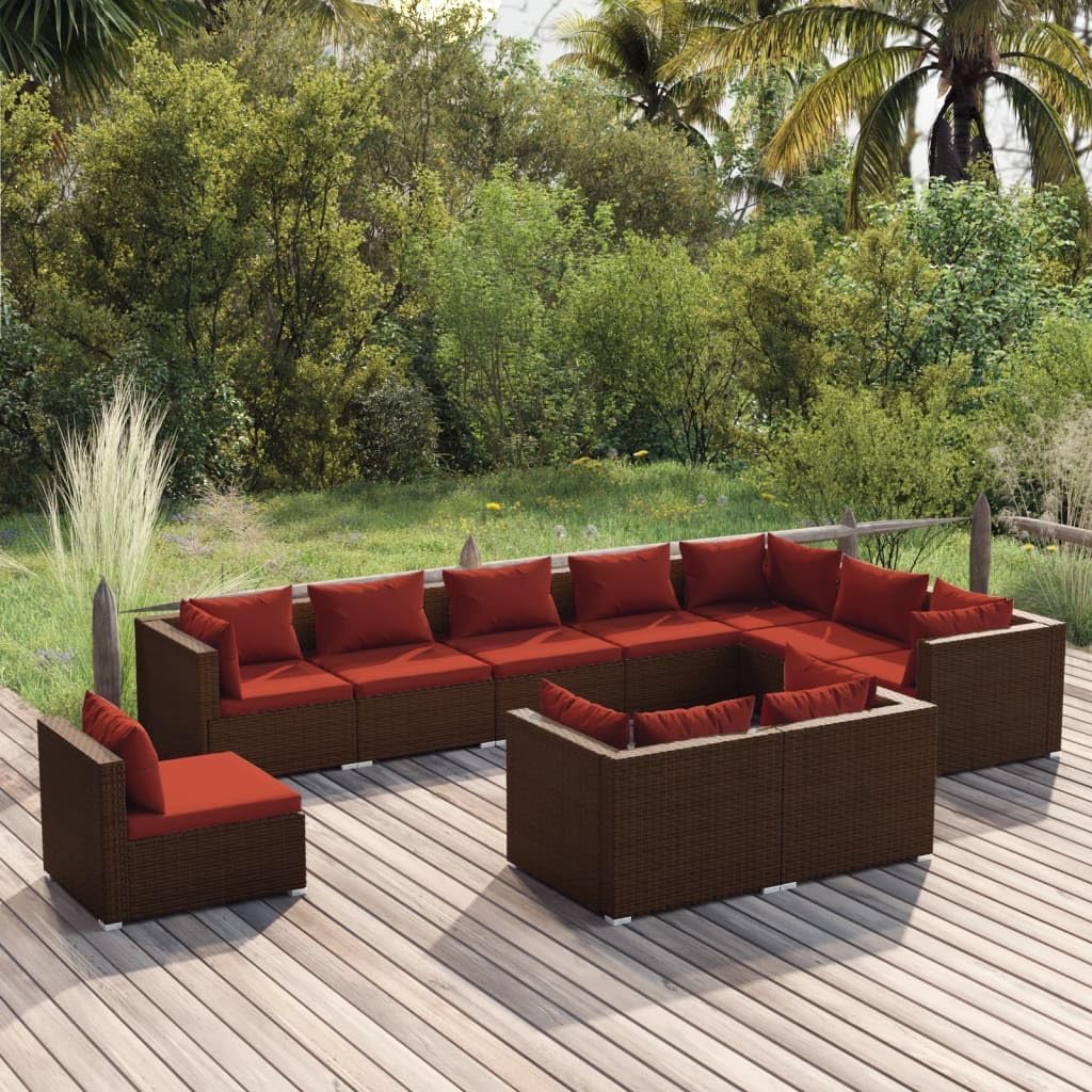 Furniture Sets 10 Piece Patio Lounge Set with Cushions Poly Rattan Brown,Spacious Patio Lounge Set with Poly Rattan and WaterResistant Cushions for Outdoor Comfort Garden Conversation Sets