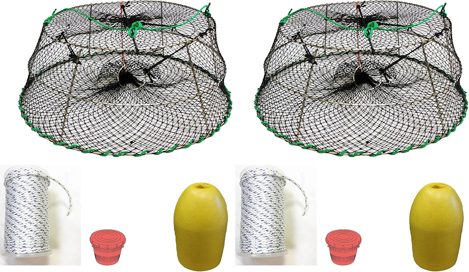 2-Pack of KUFA Sports Tower Style Prawn Trap with 400' Rope, Yellow Float and Vented Bait Jar Combo (CT77+SL4+F11Y+HB5) X2N