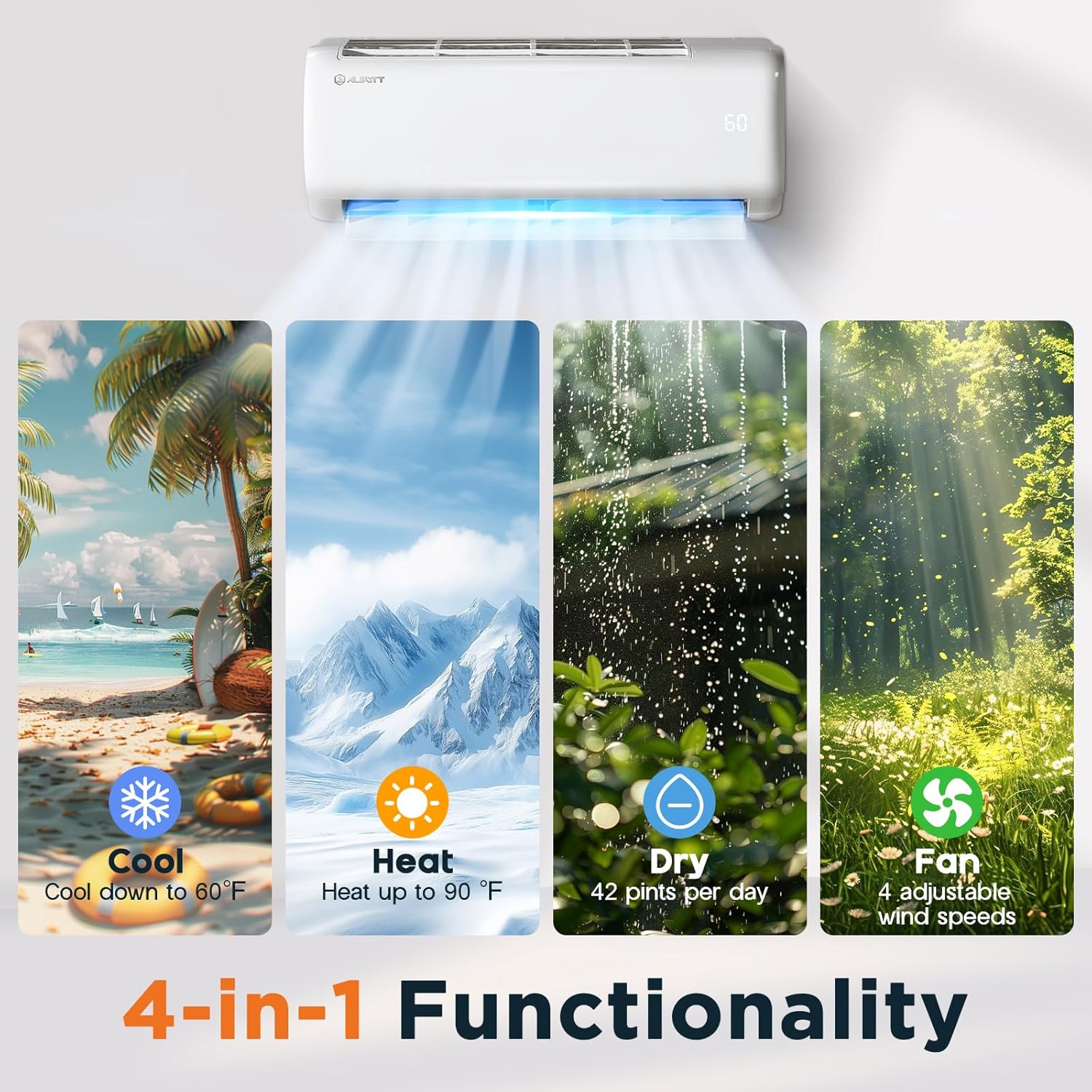 Albott 9100 BTU Mini Split Air Conditioner and Heater, SEER2 20.5, 115V, Inverter Heat Pump AC with Wi-Fi Smart Control, Voice Assistant, Self-Cleaning, Compatible with Alexa, Cools up to 450 Sq. Ft.