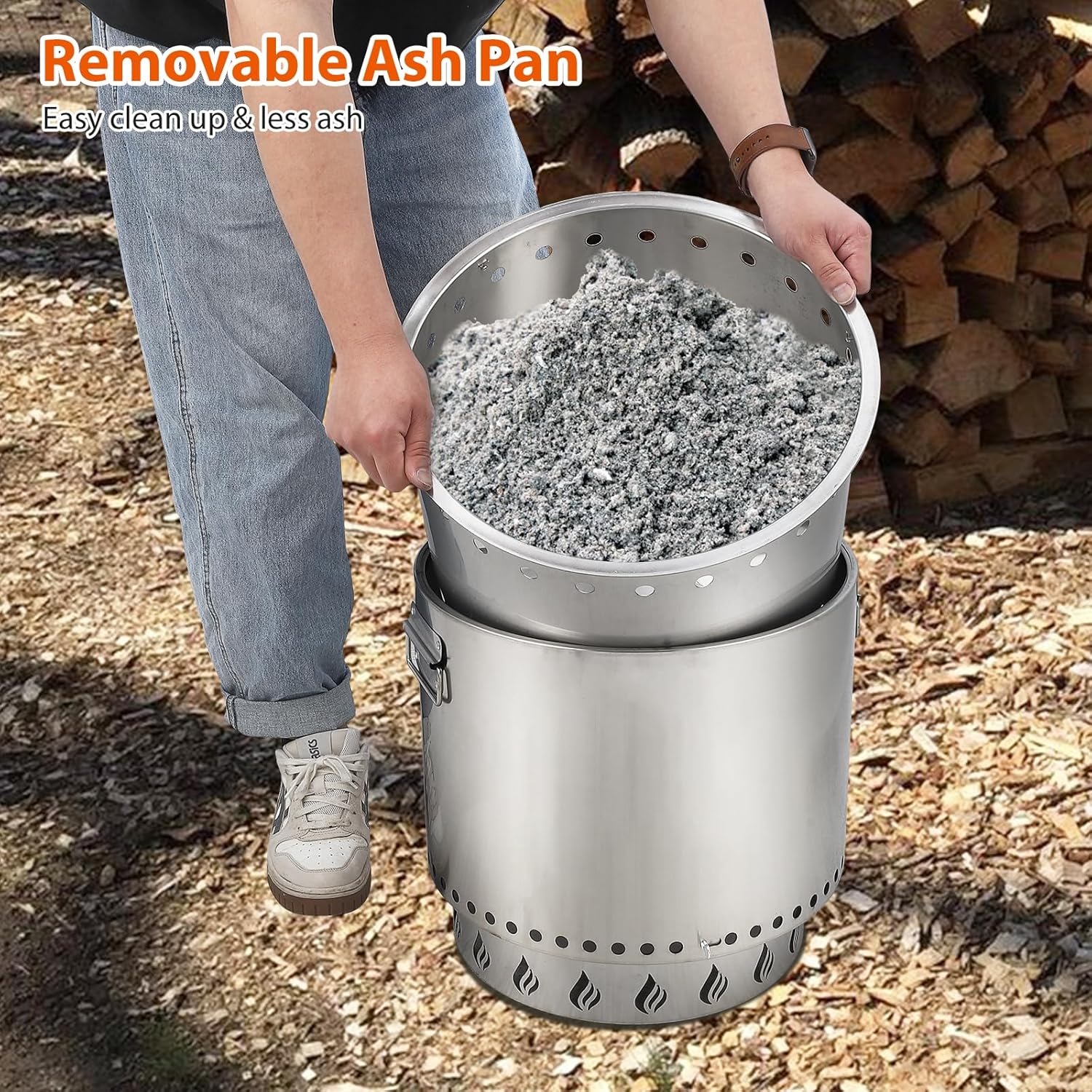 Smokeless Fire Pit, 16.5 Inch Portable Outdoor Firepit, Stainless Metal Steel Wood Burning Fireplaces with Removable Ash Pan and Poker, for Outside Bonfire Backyard Patio Camping