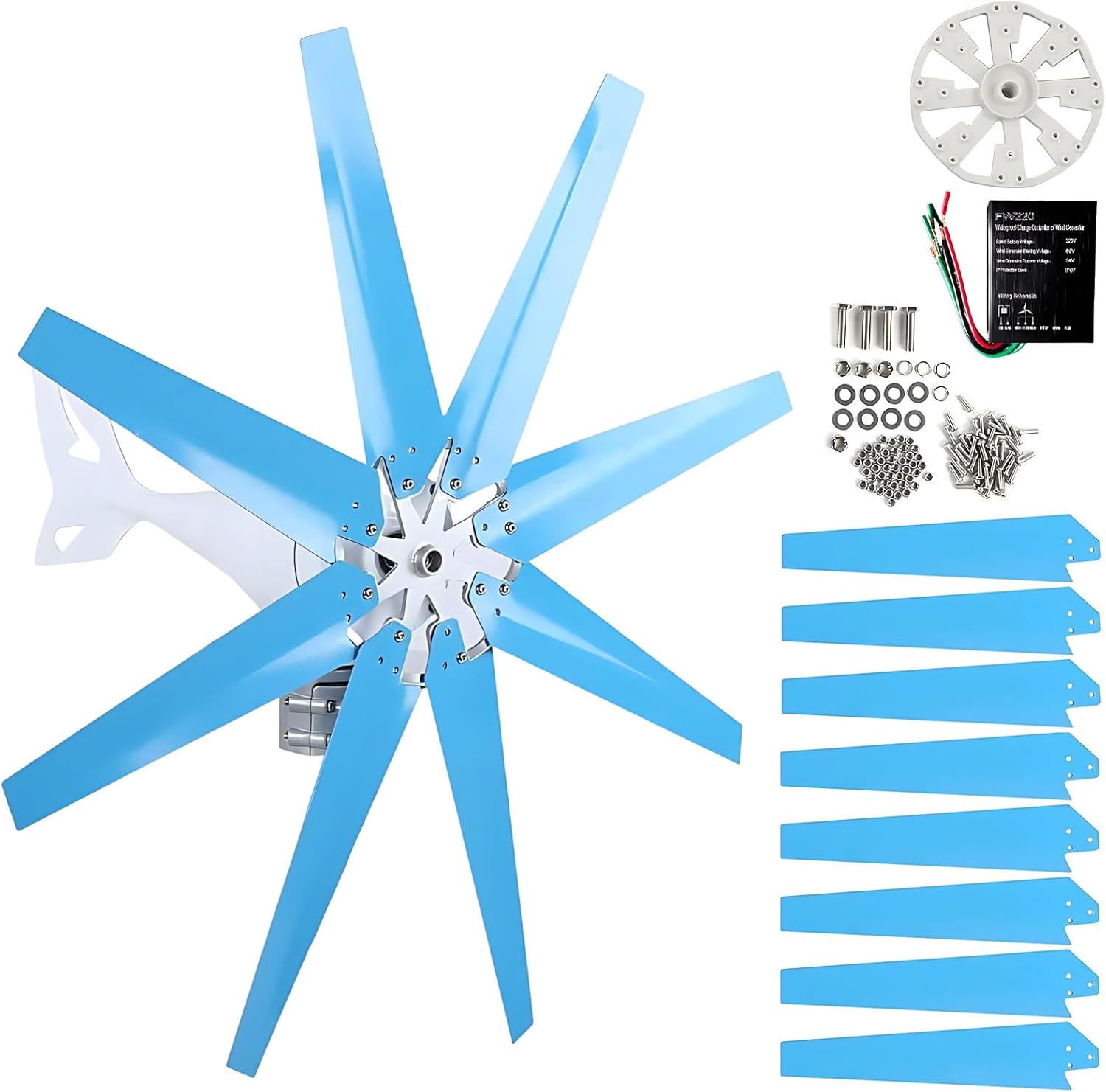 Wind Turbine Kit 100/200/300/400W 12/24V, 8-Blade Generator with MPPT Charge Controller, for Hybrid Solar Wind System, Home, Marine Blue-400W