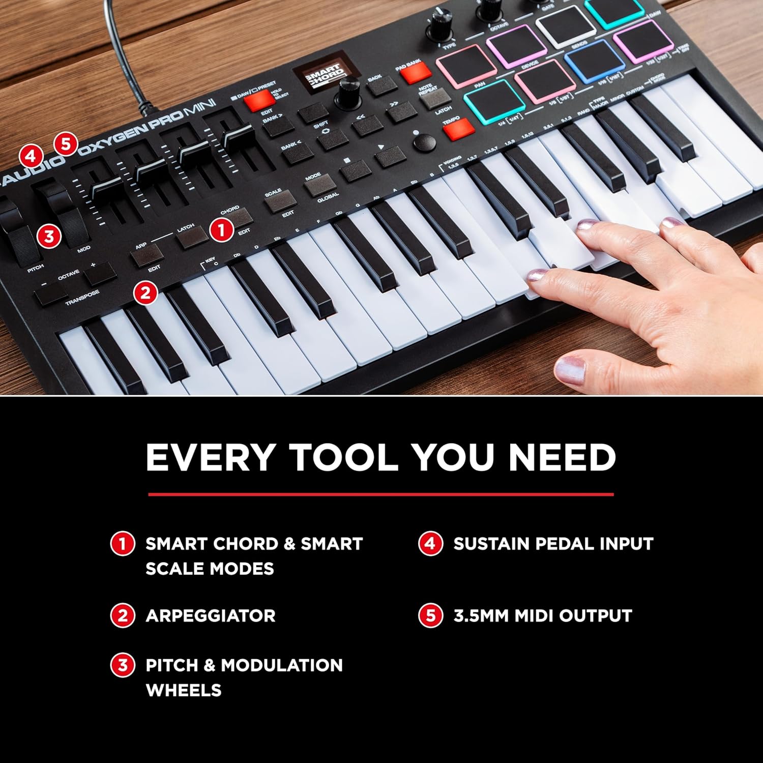 M-AUDIO Oxygen Pro Mini 32-Key USB MIDI Keyboard Controller for MacOS and WinOS, with Beat Pads, Assignable Knobs and Faders, and Native Instruments Sound Pack (NKS Integration)