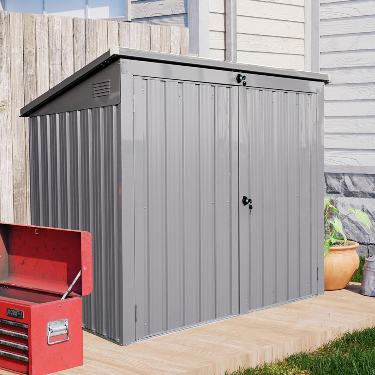 62” Grey Metal Outdoor Storage Shed with Sloped Roof, Lockable Tool Shed for Trash Cans, Garden Tools, Firewood, or Pet House, Waterproof, Galvanized Steel (Grey)