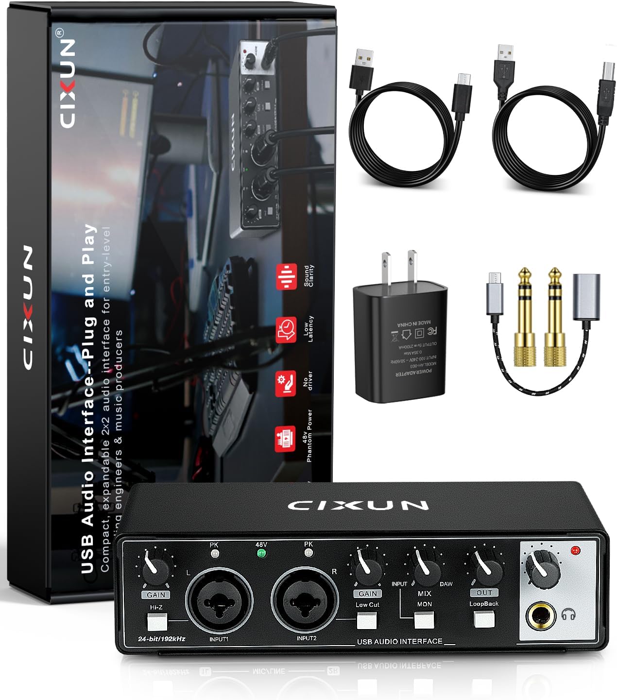 2x2 USB-C Audio Interface for PC/Mac Recording, 24-bit/192kHz, Dual TS/XLR Inputs, +48V Phantom Power, Studio/Podcast/Streaming (Matte Black)