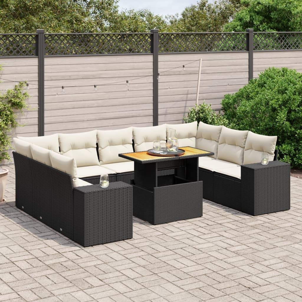 10-Piece Black Poly Rattan Garden Sofa Set, Modular Outdoor Patio Furniture with Acacia Wood Table, Weather-Resistant Seating for 9 People