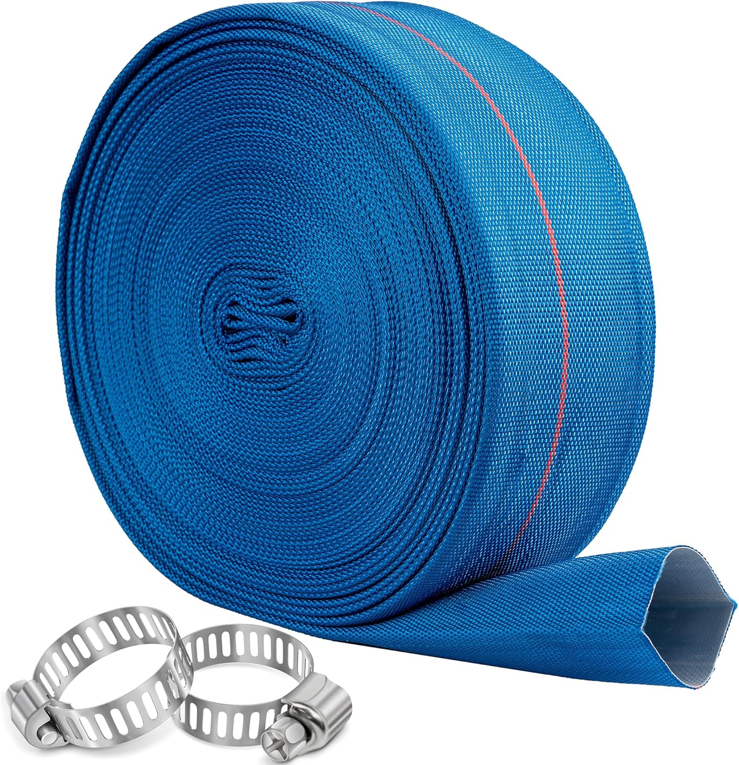 Pool Backwash Hose 4” × 65 ft Heavy Duty PVC Water Discharge Pipe Flexible Reinforced Pump Drain Hose, 4 in Diameter & 6.3 inch Width Lay Flat, with 2 Clamps (4in-65ft)