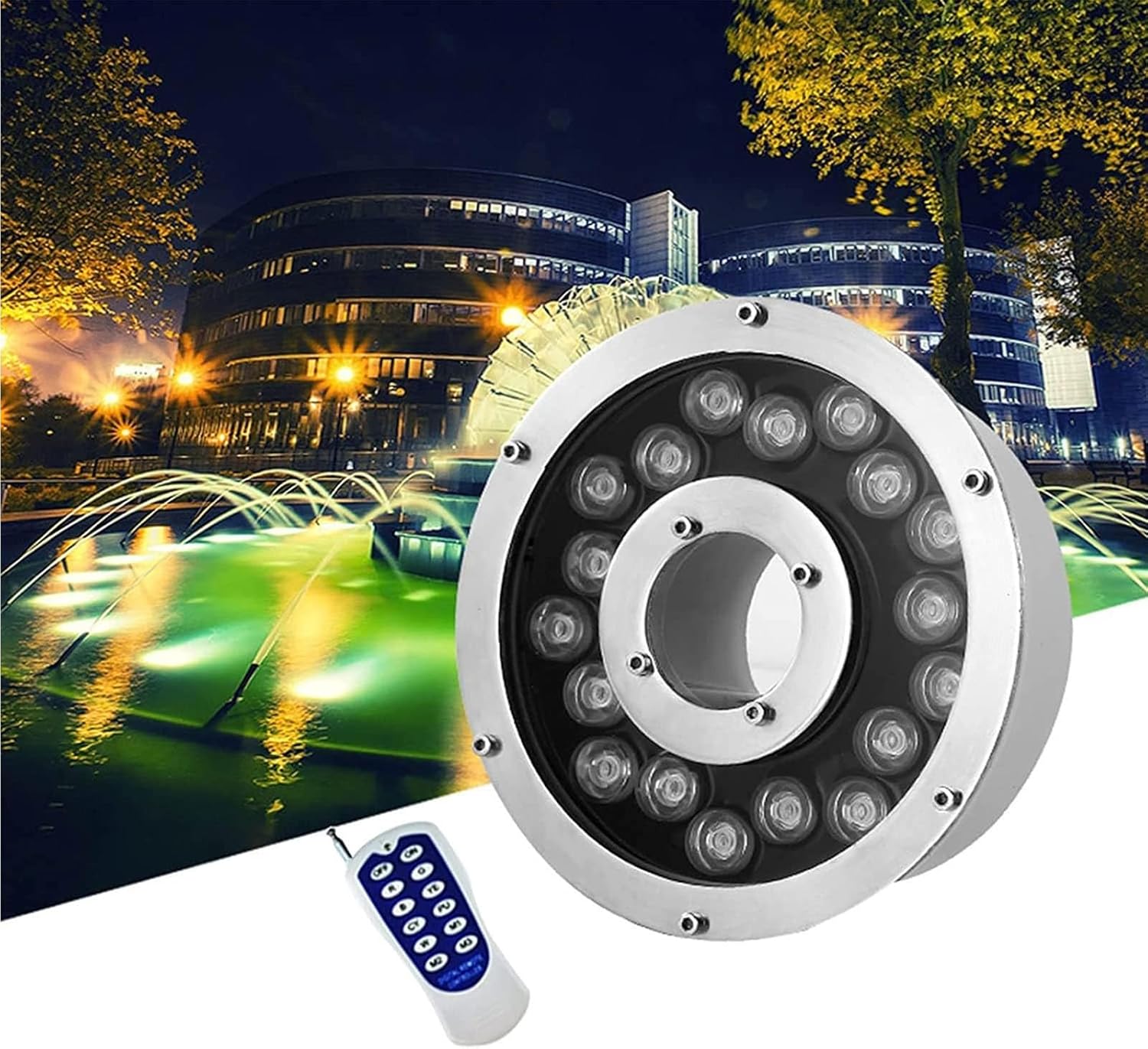 LED Ring Fountain Light - Spotlight with Remote Control, RGB Underwater Spot Light, Middle Hole IP68 Waterproof Low Voltage Color Changes Submersible Lights(24W(12V))