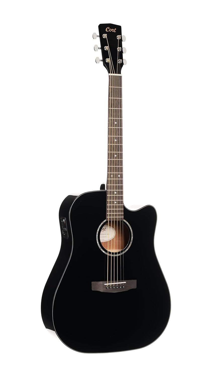 Cort EARTH60CEBK Earth 60 Dreadnought Solid Top Acoustic Electric Guitar, Black Gloss