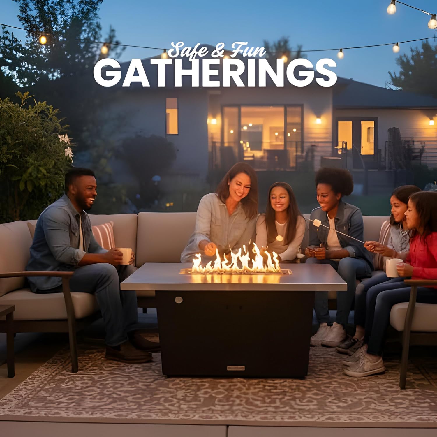 COOKE Palisades Rectangular Fire Pit Table - 44x36 - Chat Height - Natural Gas - Brushed Aluminum Top with 3cm Edge - Bronze Powdercoat Base