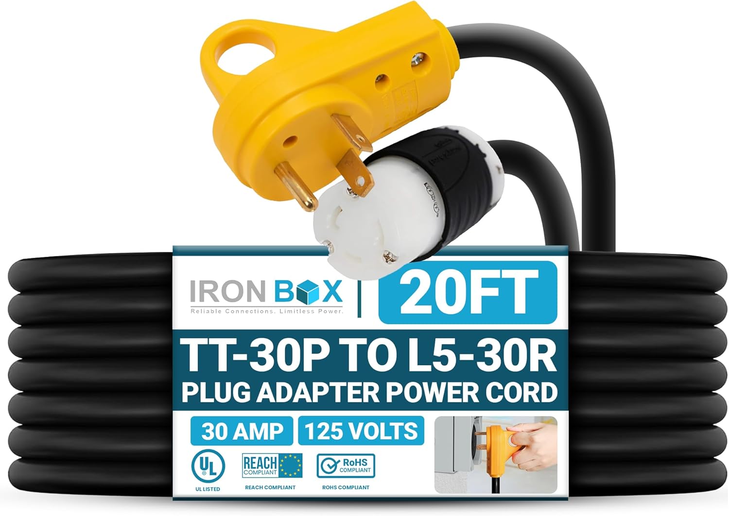 IronBox Electric TT-30P to L5-30R Adapter and Extension - 30A, 125V, 10/3 SOOW - Heavy Duty Plug Connector Adapter Cable - UL Listed Power Cord for Generator, Camper, RV, Travel Trailer & More (20ft)