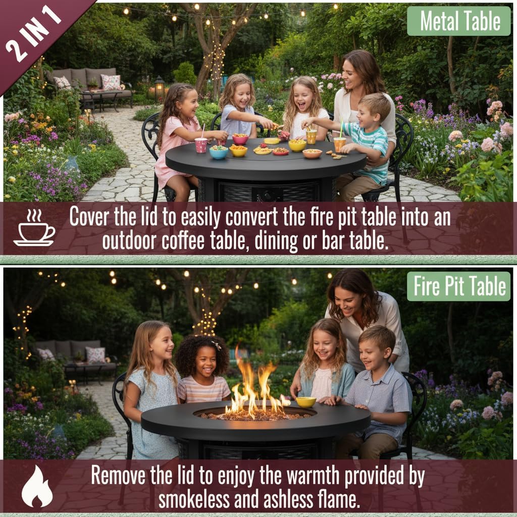 Outdoor Living 30-Inch Round Propane Fire Pit Table, 50000 BTU, Black Steel Construction, Hidden Tank Storage, Electronic Ignition, Includes Lava Rocks for Patio Garden